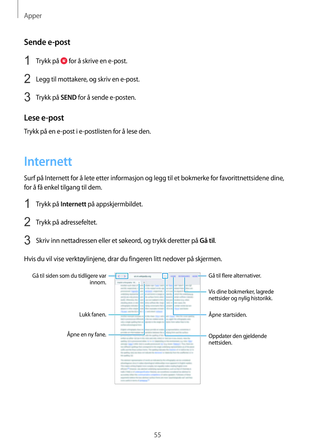 Samsung SM-T810NZWENEE manual Internett, Sende e-post, Lese e-post 