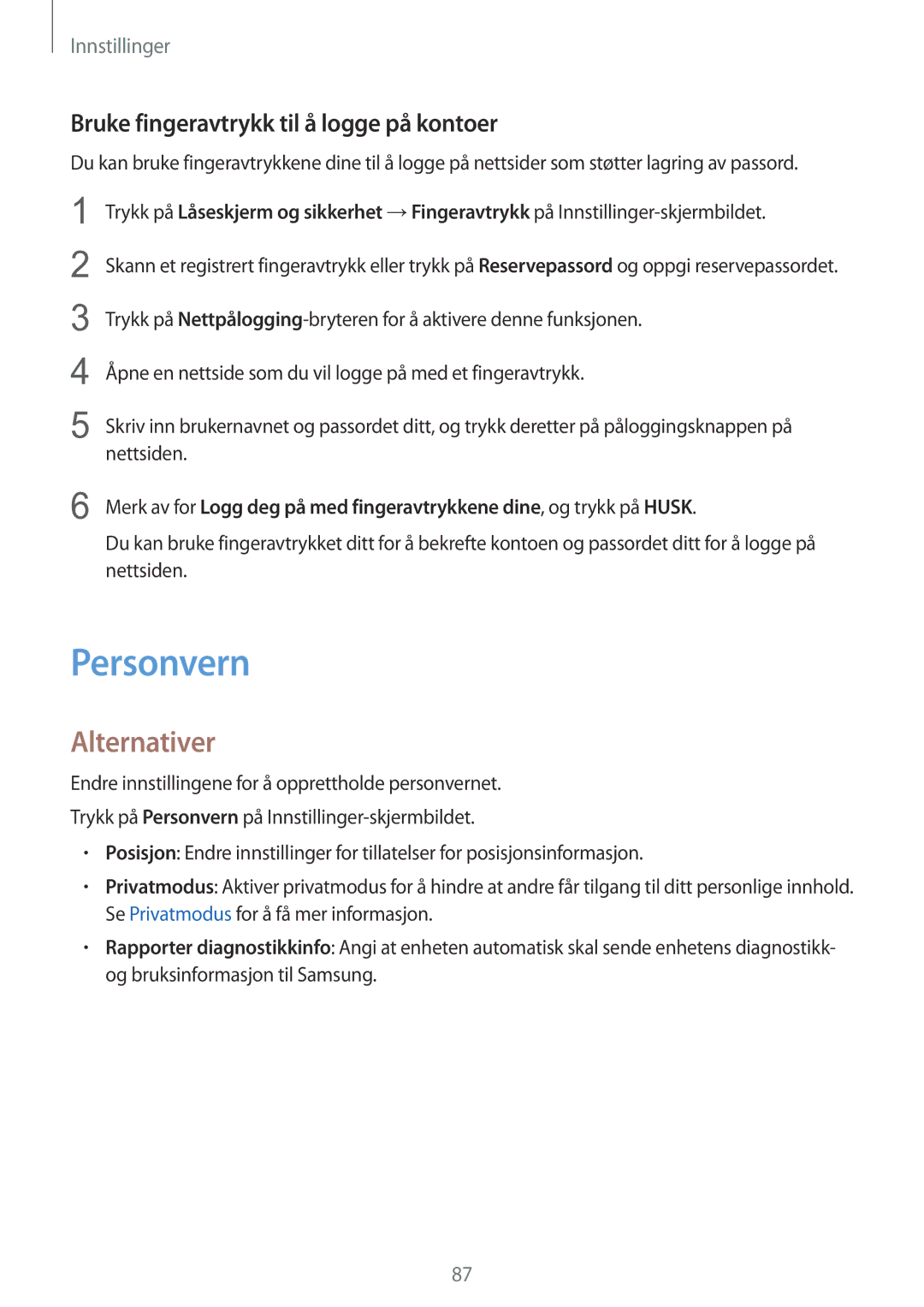 Samsung SM-T810NZWENEE manual Personvern, Bruke fingeravtrykk til å logge på kontoer 
