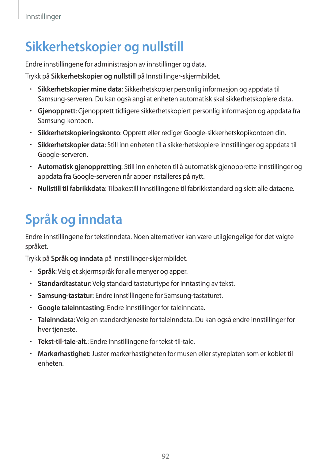 Samsung SM-T810NZWENEE manual Sikkerhetskopier og nullstill, Språk og inndata 