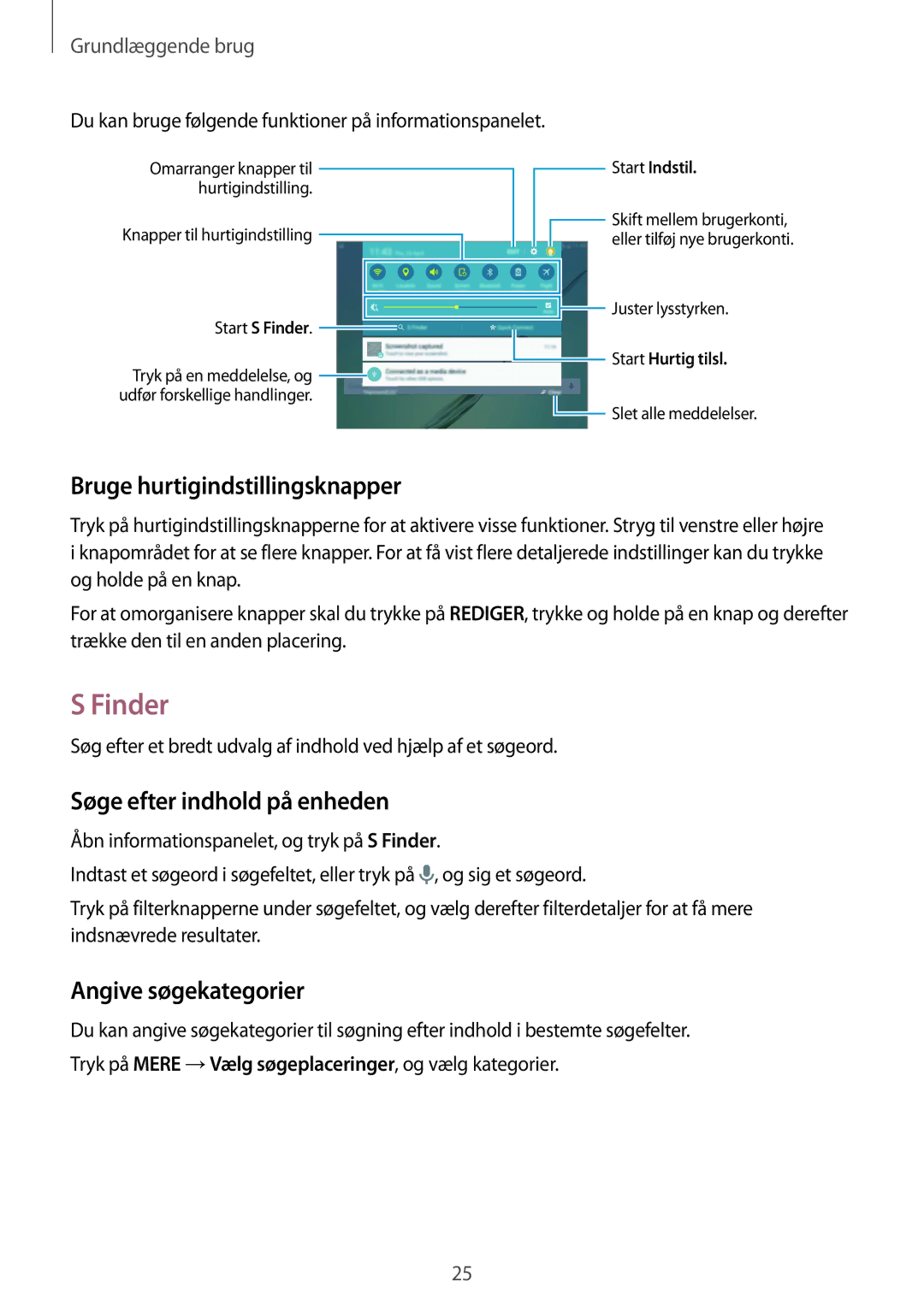 Samsung SM-T810NZWENEE manual Finder, Bruge hurtigindstillingsknapper, Søge efter indhold på enheden, Angive søgekategorier 