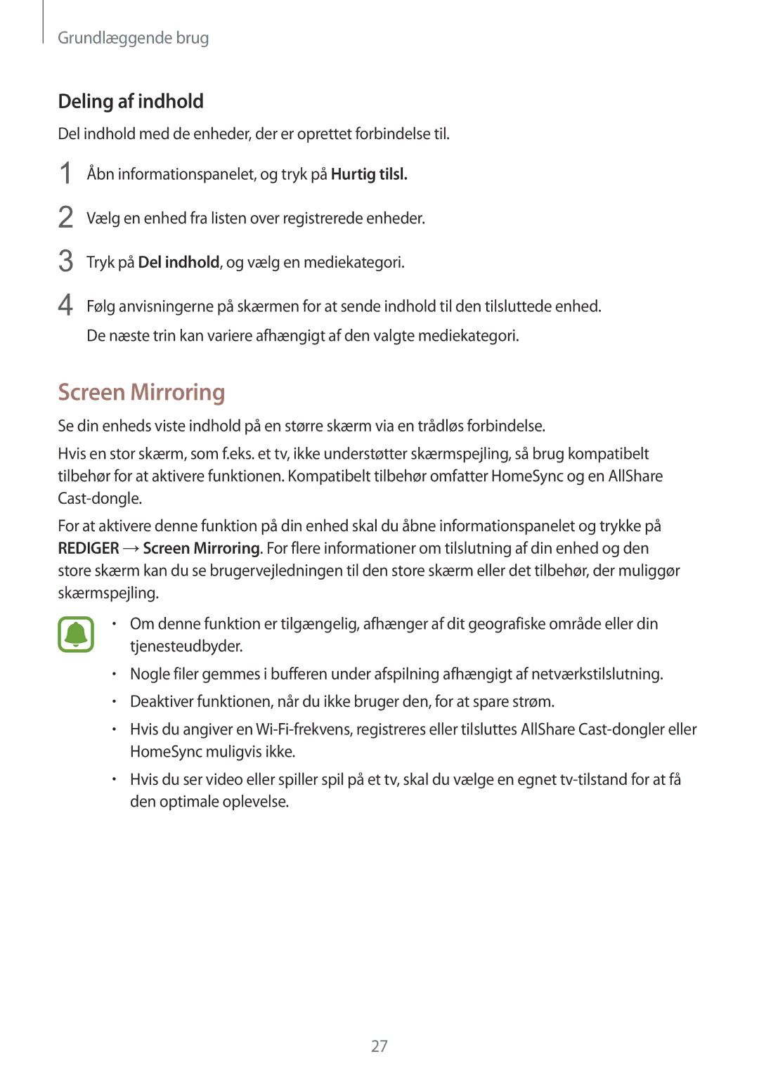 Samsung SM-T810NZWENEE manual Screen Mirroring, Deling af indhold 