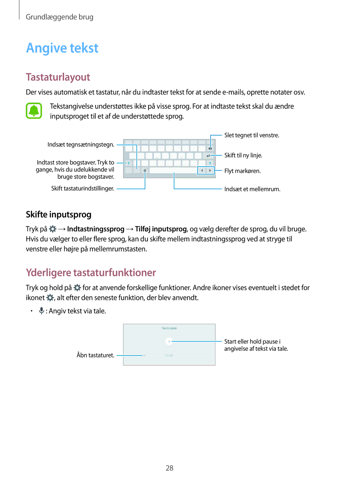 Samsung SM-T810NZWENEE manual Angive tekst, Tastaturlayout, Yderligere tastaturfunktioner, Skifte inputsprog 