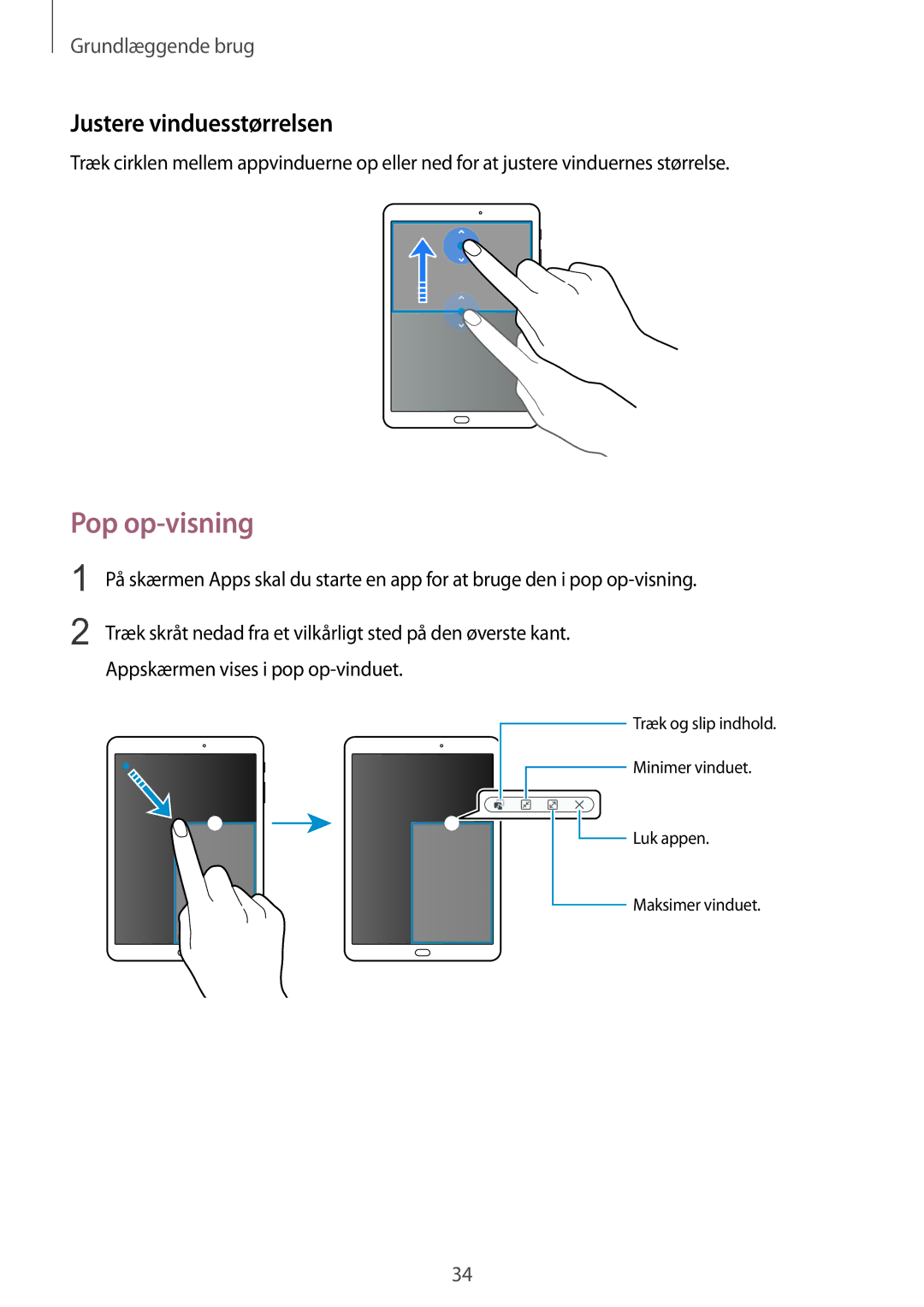 Samsung SM-T810NZWENEE manual Pop op-visning, Justere vinduesstørrelsen 