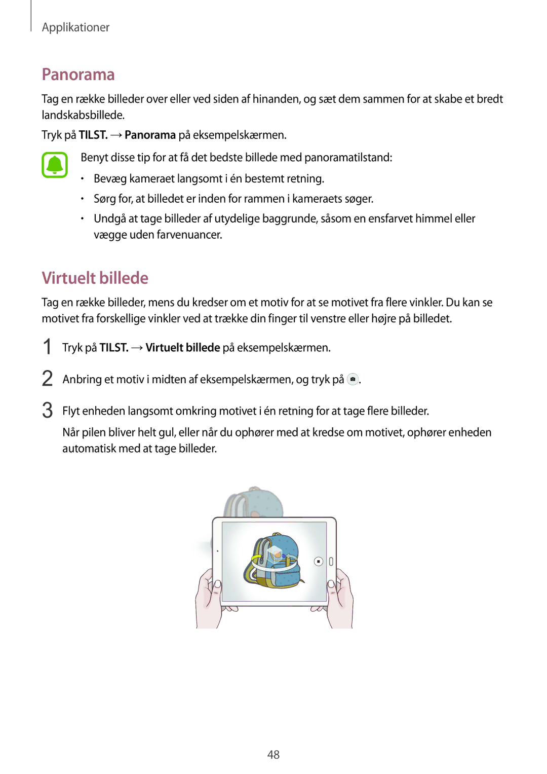 Samsung SM-T810NZWENEE manual Panorama, Virtuelt billede 