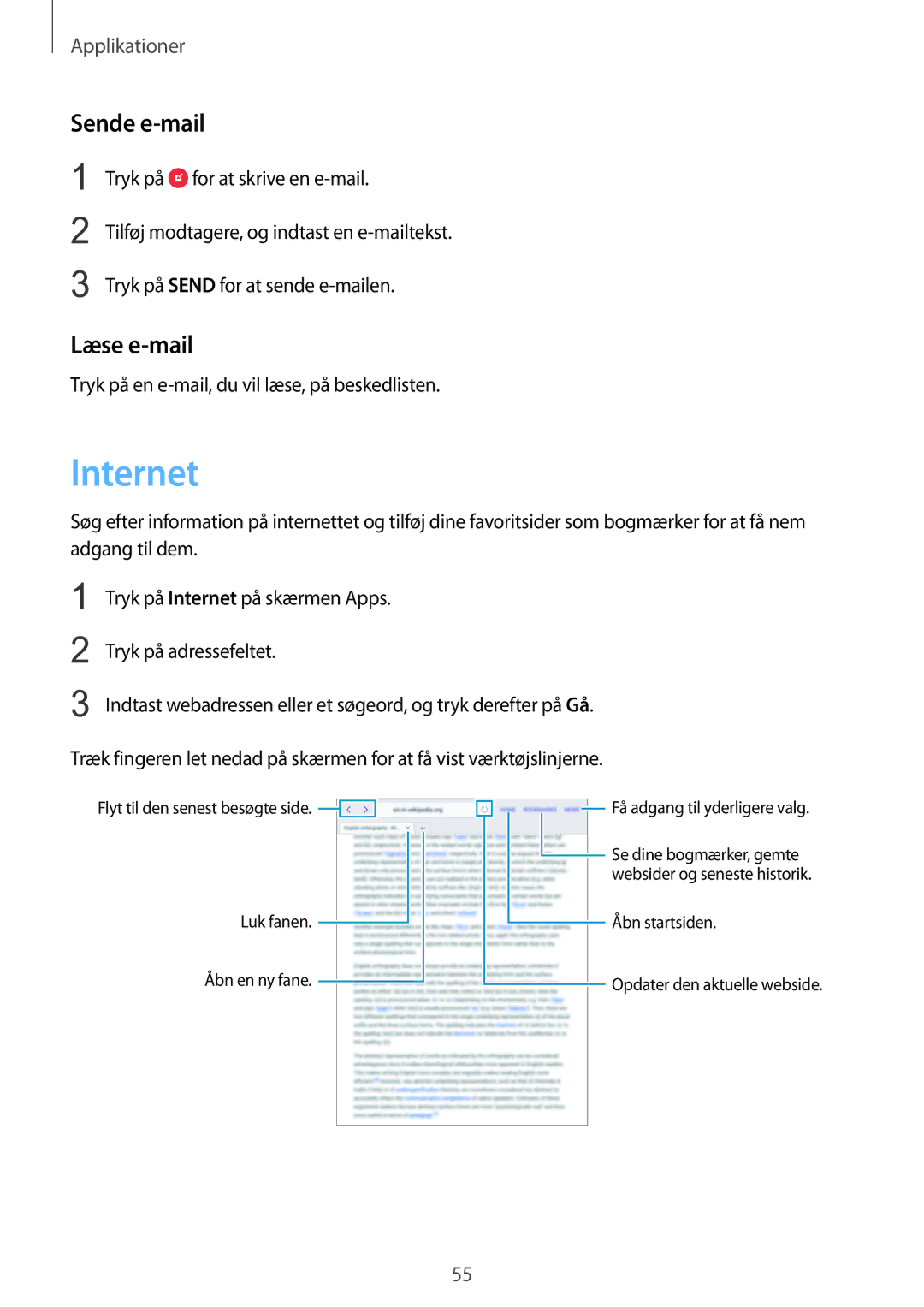 Samsung SM-T810NZWENEE manual Internet, Sende e-mail, Læse e-mail 