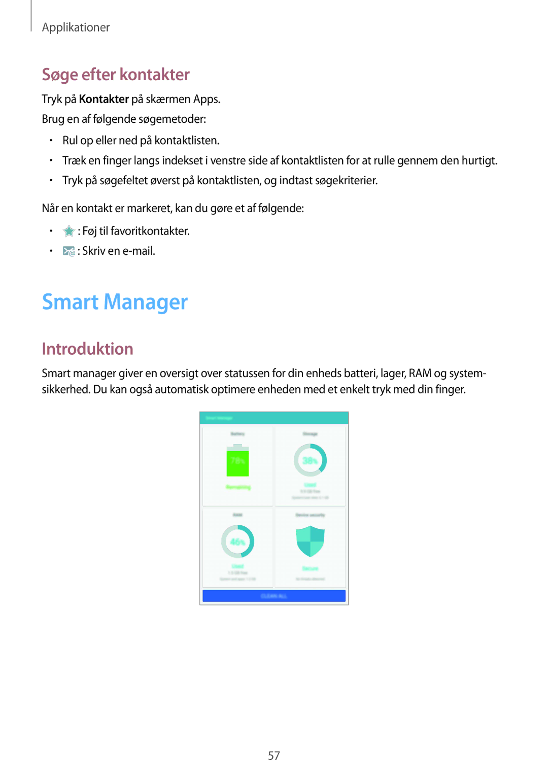 Samsung SM-T810NZWENEE manual Smart Manager, Søge efter kontakter 