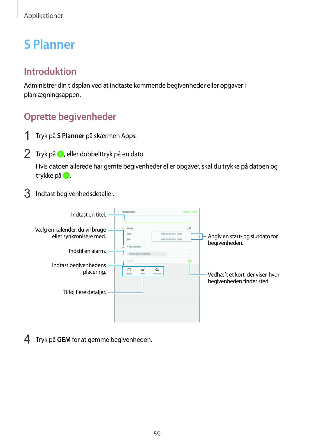 Samsung SM-T810NZWENEE manual Planner, Oprette begivenheder 