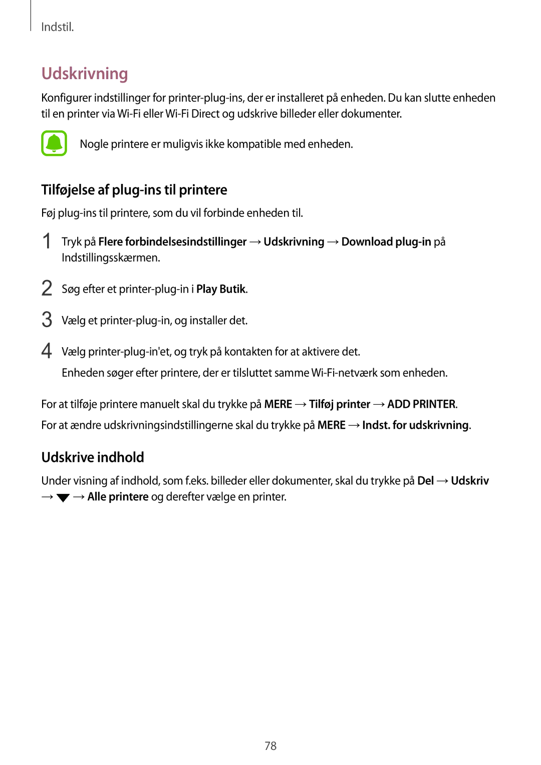 Samsung SM-T810NZWENEE manual Udskrivning, Tilføjelse af plug-ins til printere, Udskrive indhold 