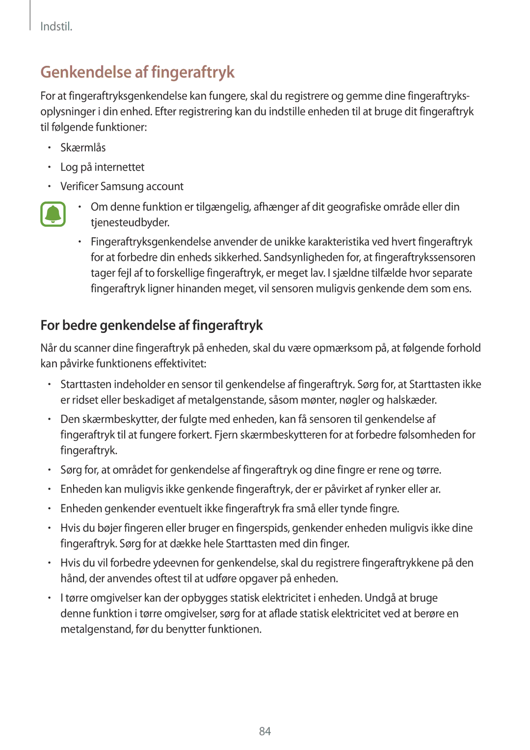 Samsung SM-T810NZWENEE manual Genkendelse af fingeraftryk, For bedre genkendelse af fingeraftryk 