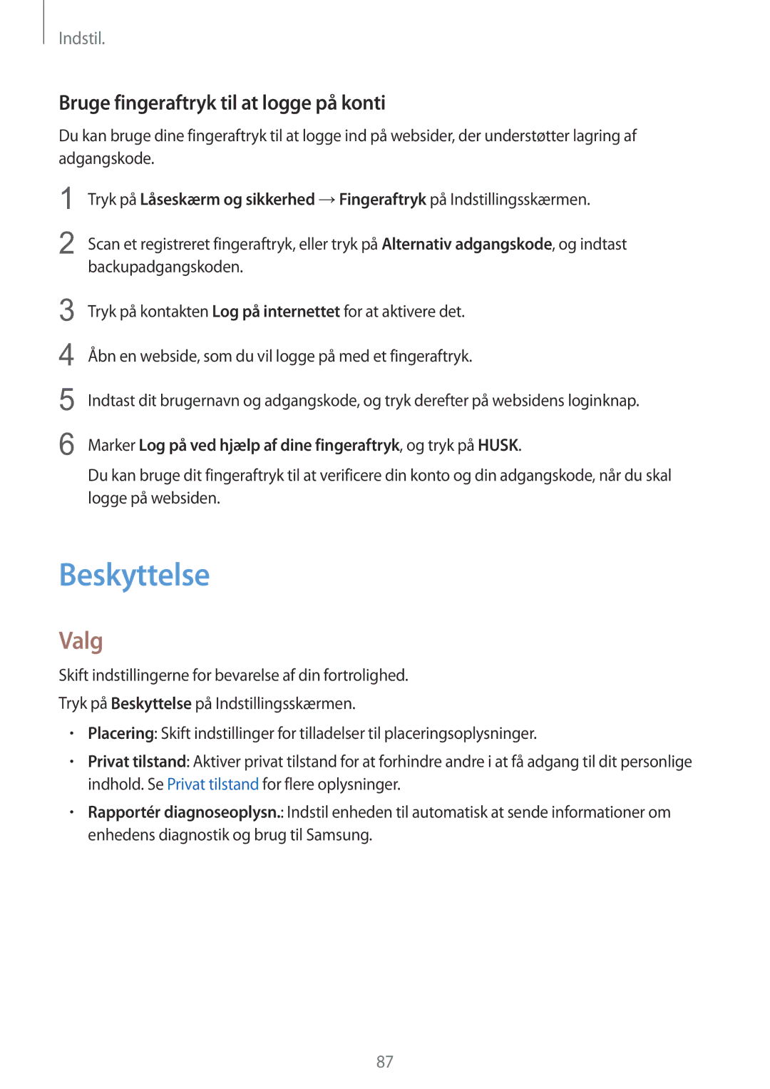 Samsung SM-T810NZWENEE manual Beskyttelse, Bruge fingeraftryk til at logge på konti 