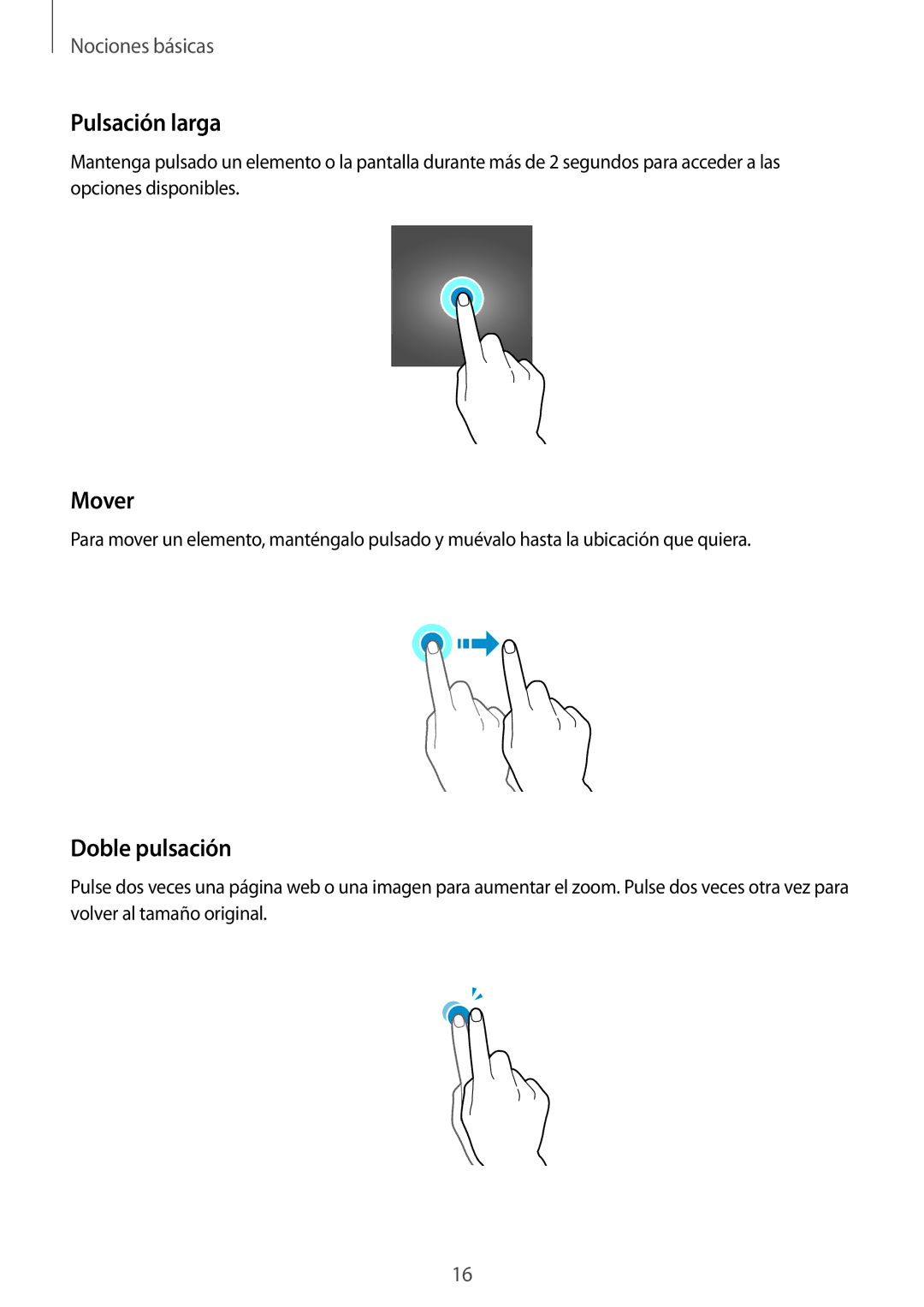 Samsung SM-T810NZWEPHE, SM-T710NZKEPHE, SM-T810NZKEPHE, SM-T710NZWEPHE manual Pulsación larga, Mover, Doble pulsación 