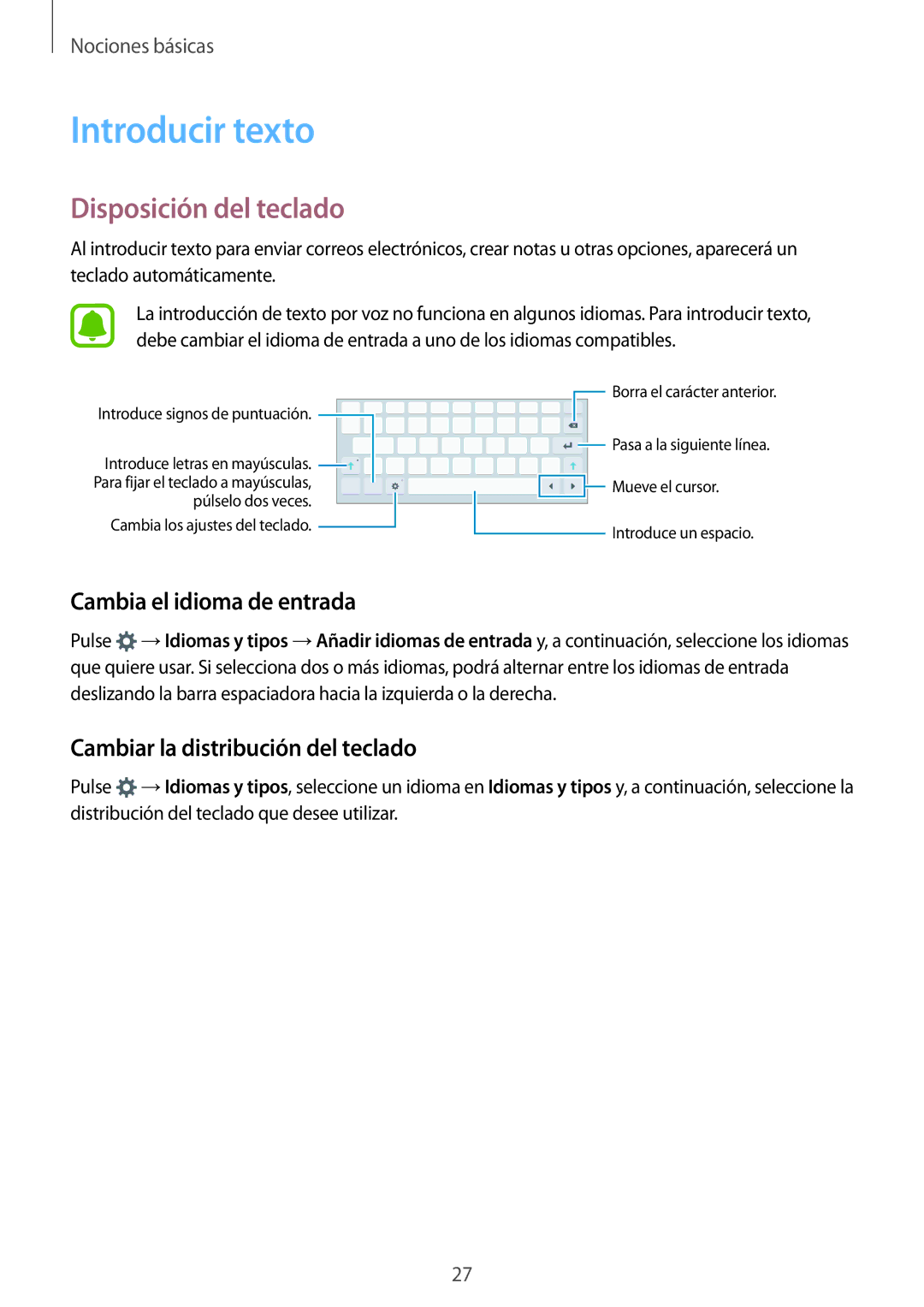 Samsung SM-T710NZWEPHE, SM-T810NZWEPHE manual Introducir texto, Disposición del teclado, Cambia el idioma de entrada 