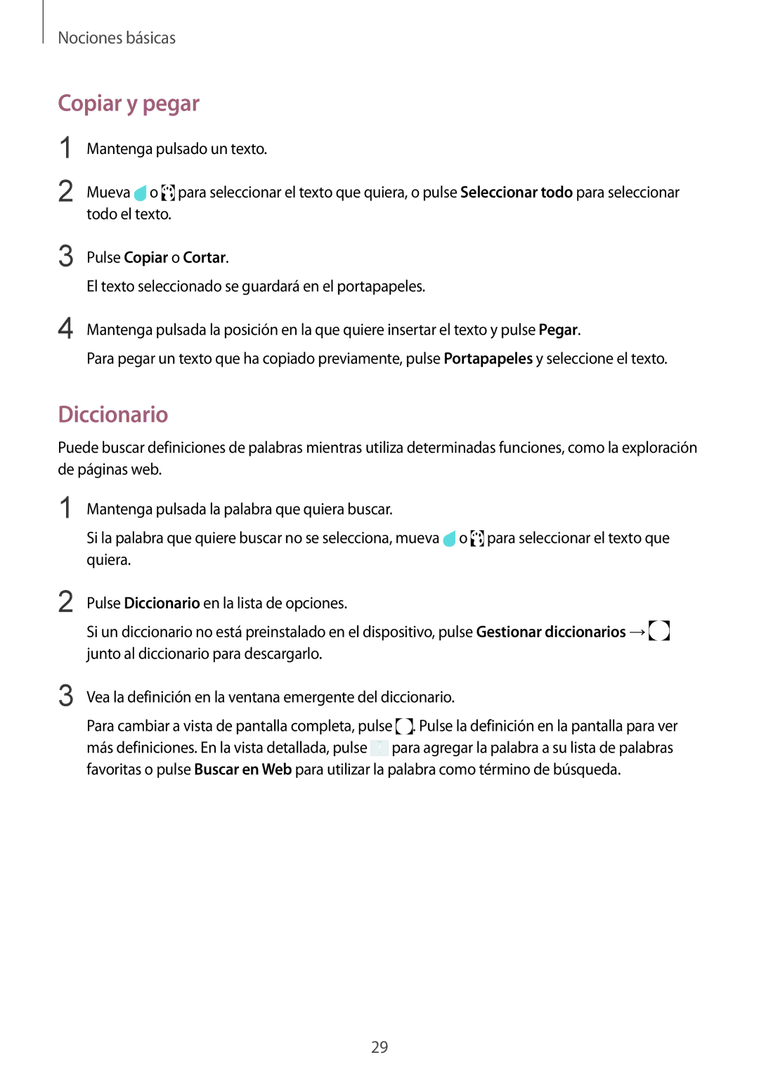 Samsung SM-T710NZKEPHE, SM-T810NZWEPHE, SM-T810NZKEPHE, SM-T710NZWEPHE Copiar y pegar, Diccionario, Pulse Copiar o Cortar 