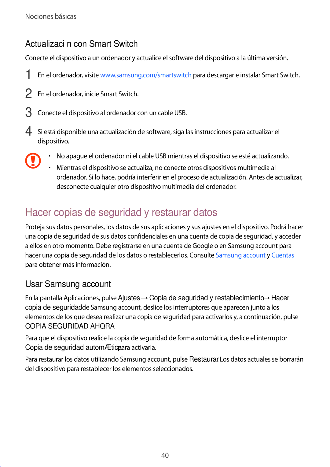 Samsung SM-T810NZWEPHE Hacer copias de seguridad y restaurar datos, Actualización con Smart Switch, Usar Samsung account 