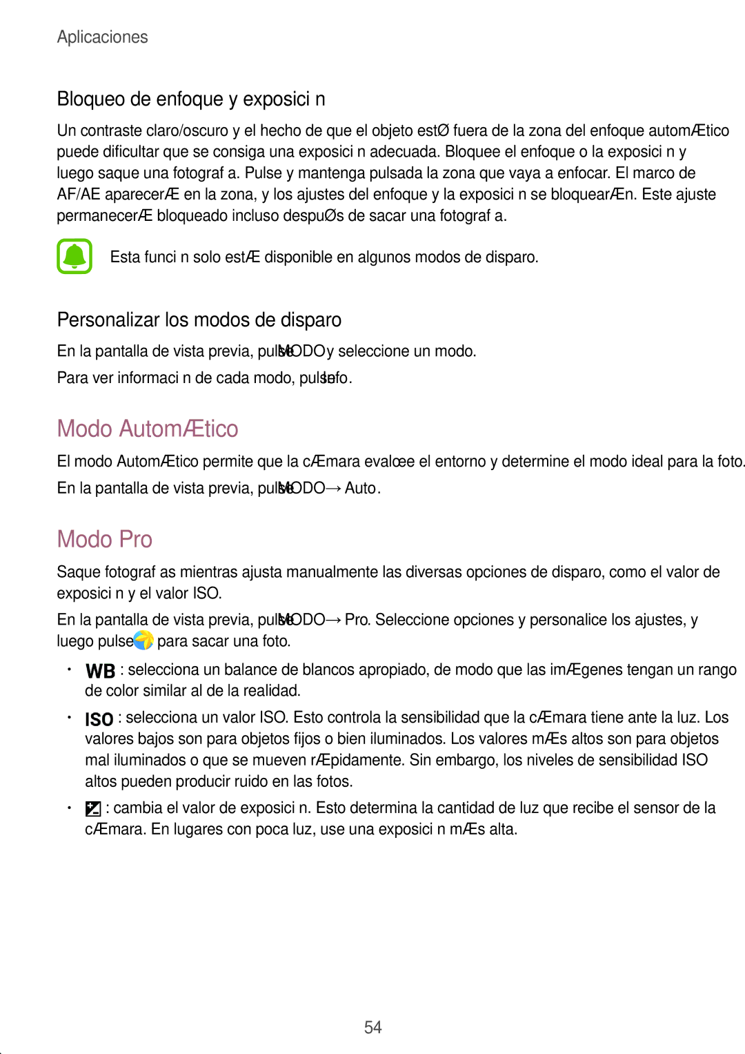 Samsung SM-T810NZKEPHE manual Modo Automático, Modo Pro, Bloqueo de enfoque y exposición, Personalizar los modos de disparo 