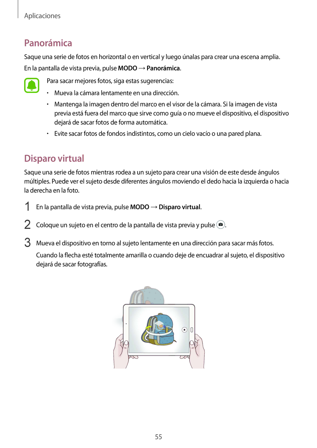 Samsung SM-T710NZWEPHE, SM-T810NZWEPHE, SM-T710NZKEPHE, SM-T810NZKEPHE manual Panorámica, Disparo virtual 