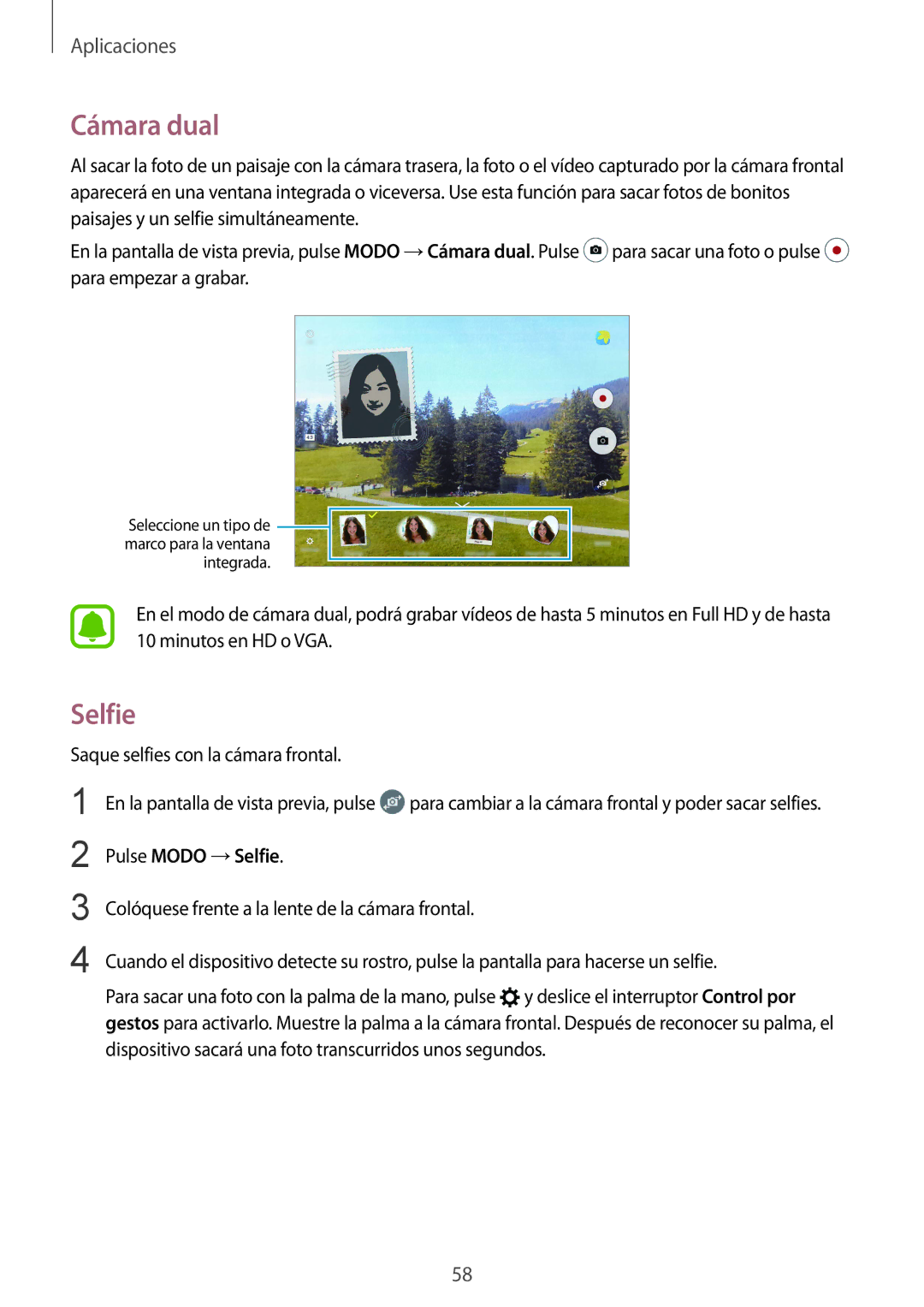 Samsung SM-T810NZKEPHE, SM-T810NZWEPHE, SM-T710NZKEPHE, SM-T710NZWEPHE manual Cámara dual, Pulse Modo →Selfie 
