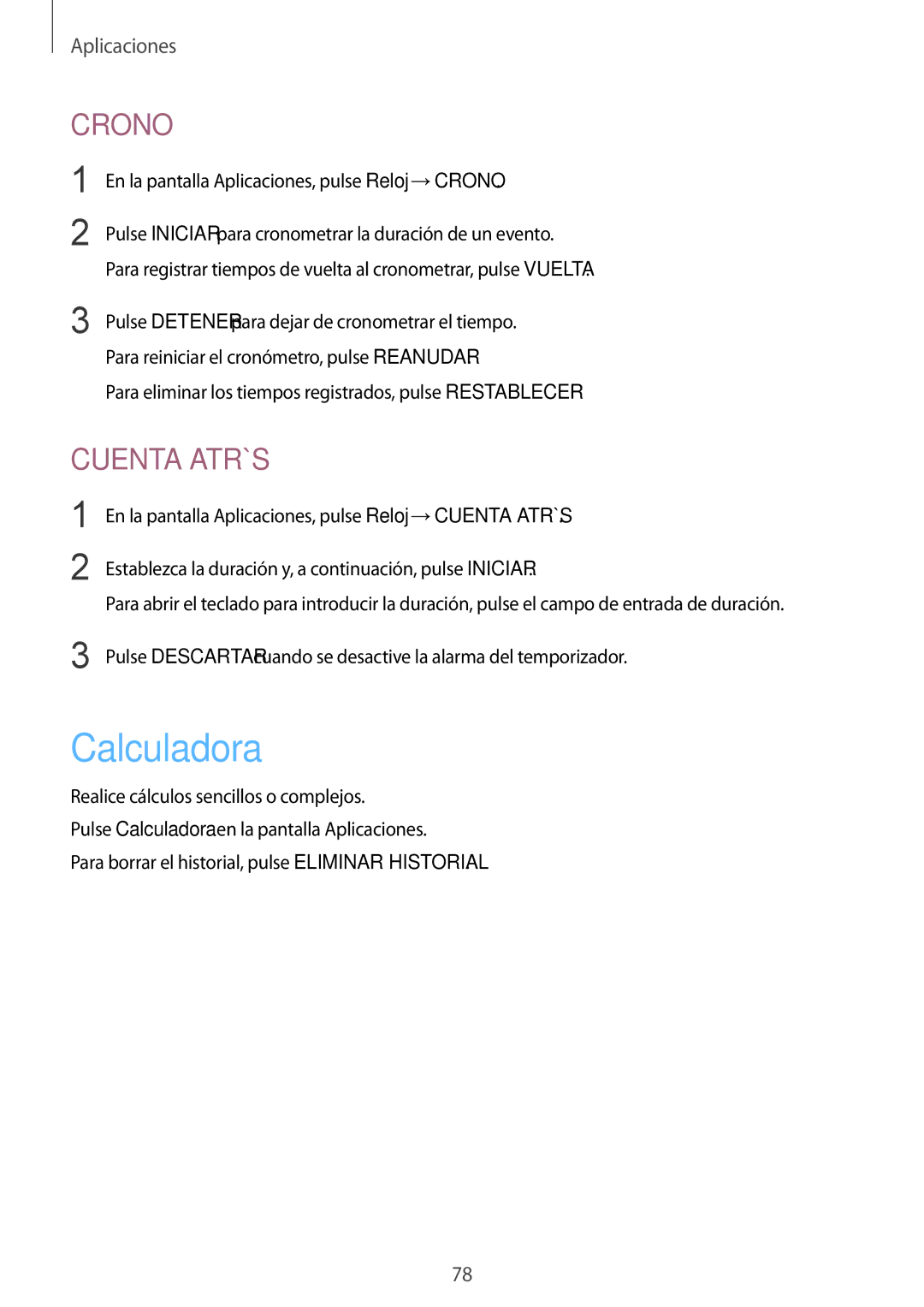 Samsung SM-T810NZKEPHE, SM-T810NZWEPHE, SM-T710NZKEPHE, SM-T710NZWEPHE manual Calculadora, Crono 