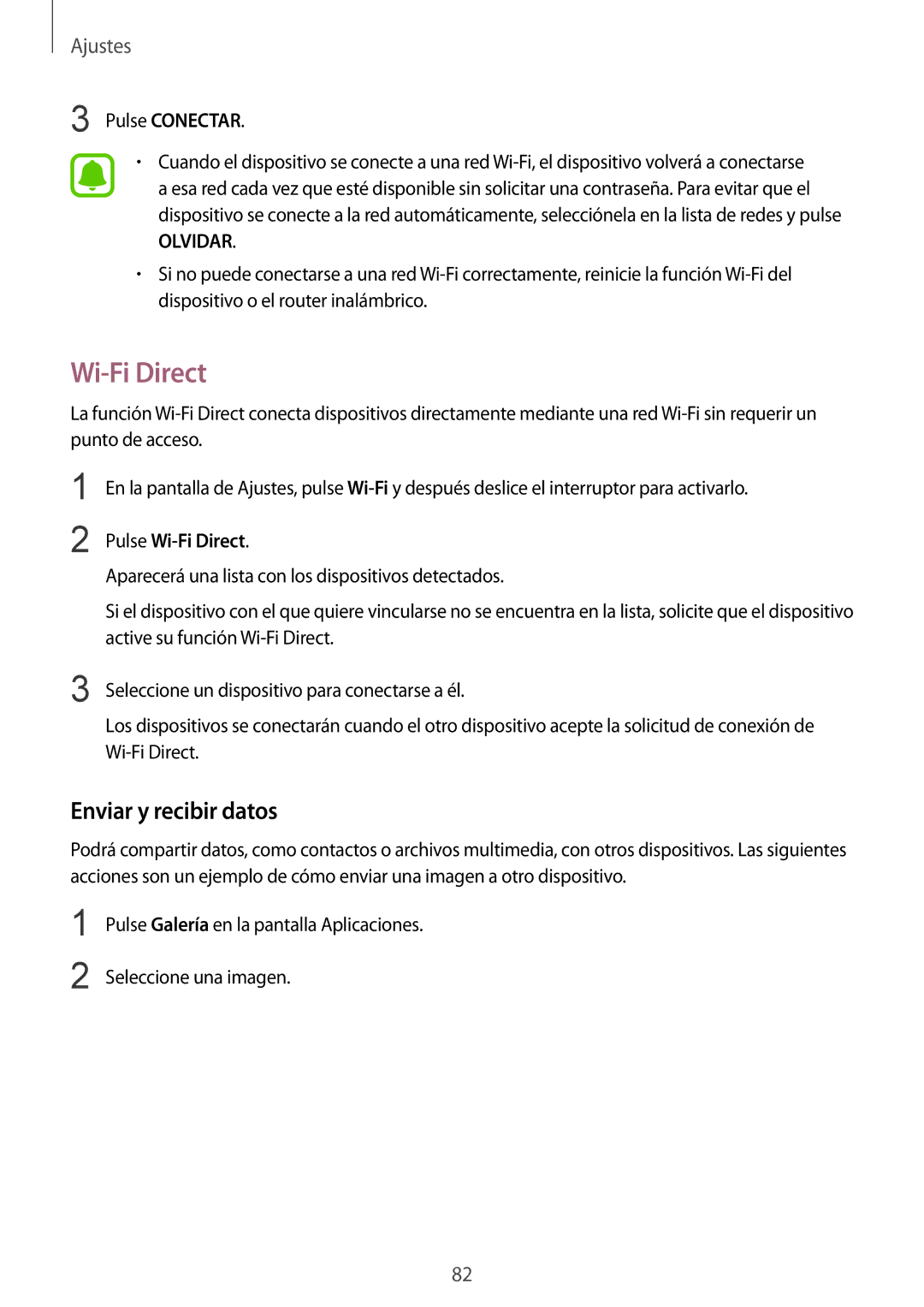 Samsung SM-T810NZKEPHE, SM-T810NZWEPHE, SM-T710NZKEPHE manual Enviar y recibir datos, Pulse Conectar, Pulse Wi-Fi Direct 