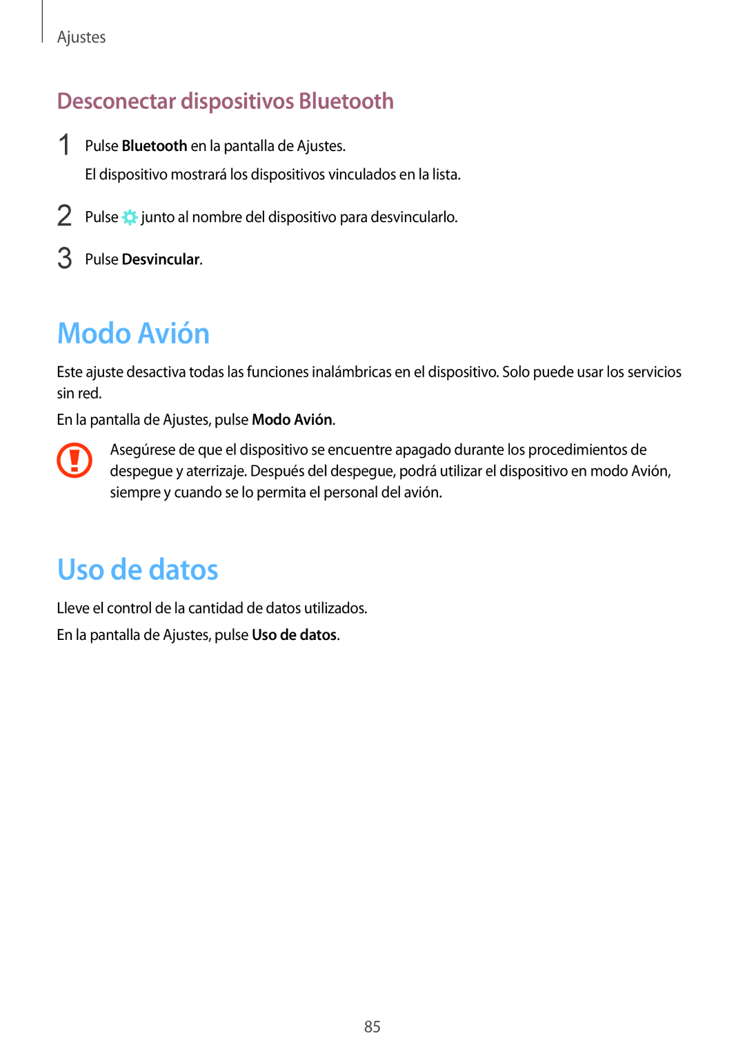 Samsung SM-T710NZKEPHE, SM-T810NZWEPHE Modo Avión, Uso de datos, Desconectar dispositivos Bluetooth, Pulse Desvincular 