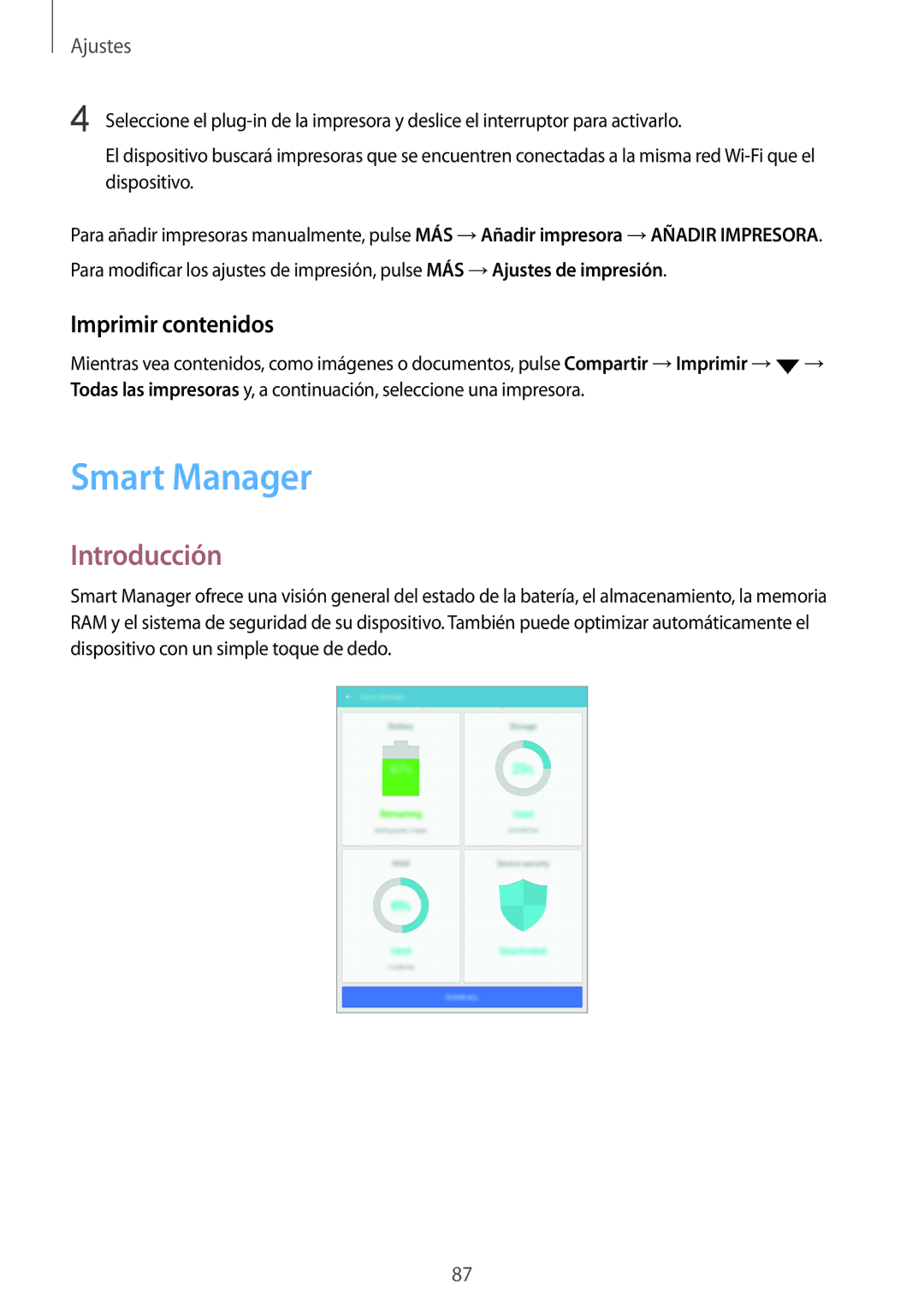 Samsung SM-T710NZWEPHE, SM-T810NZWEPHE, SM-T710NZKEPHE, SM-T810NZKEPHE manual Smart Manager, Imprimir contenidos 