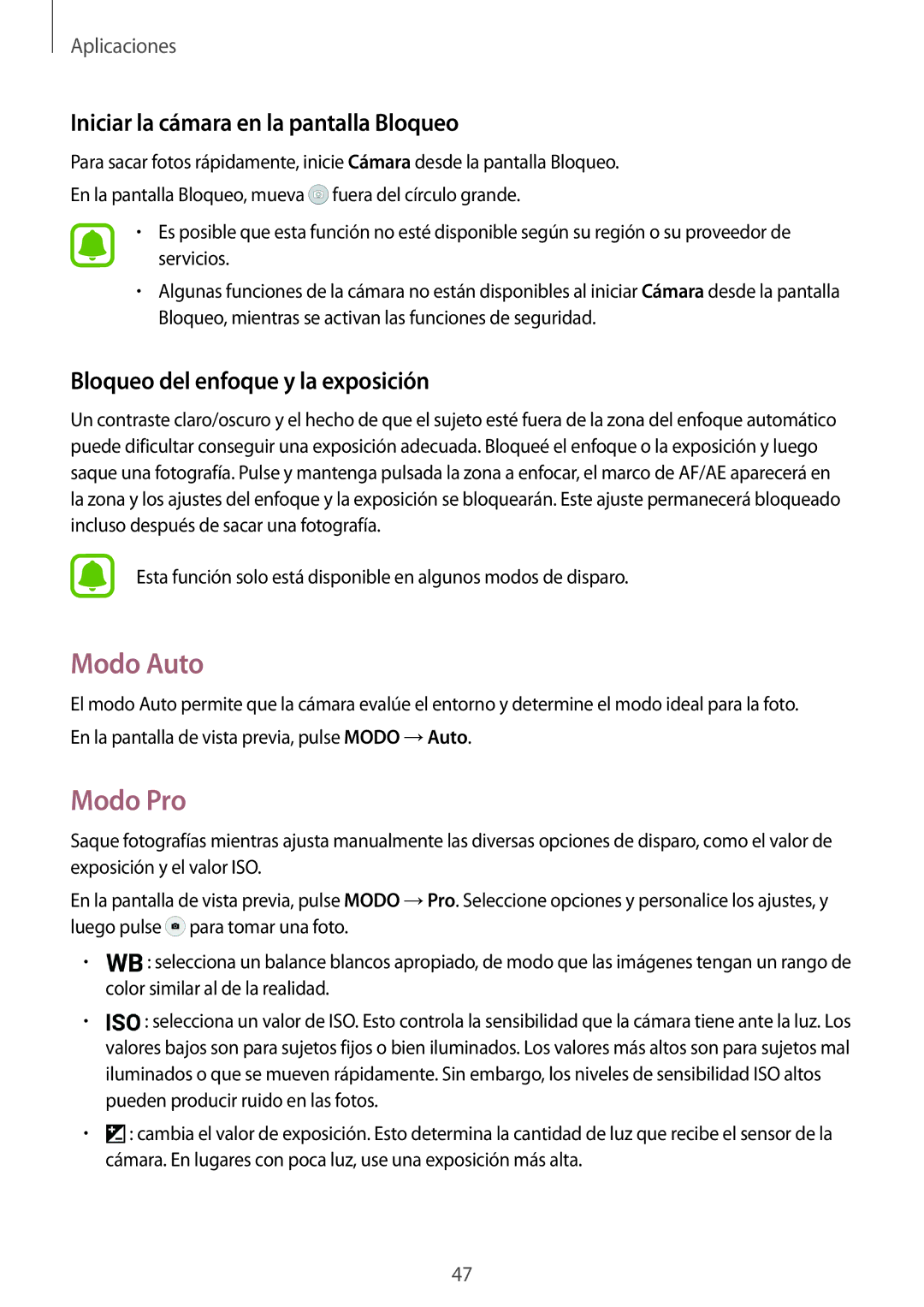 Samsung SM-T810NZKEPHE Modo Auto, Modo Pro, Iniciar la cámara en la pantalla Bloqueo, Bloqueo del enfoque y la exposición 