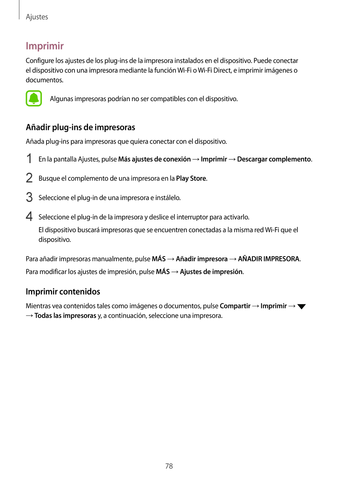 Samsung SM-T810NZWEPHE, SM-T810NZKEPHE manual Añadir plug-ins de impresoras, Imprimir contenidos 