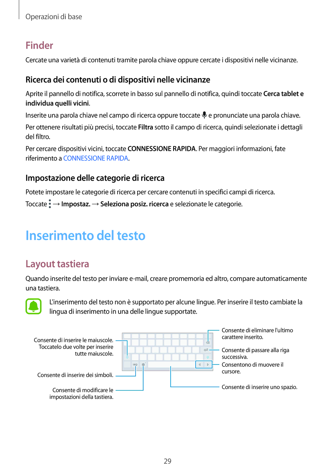 Samsung SM-T810NZKEITV manual Inserimento del testo, Finder, Layout tastiera, Impostazione delle categorie di ricerca 