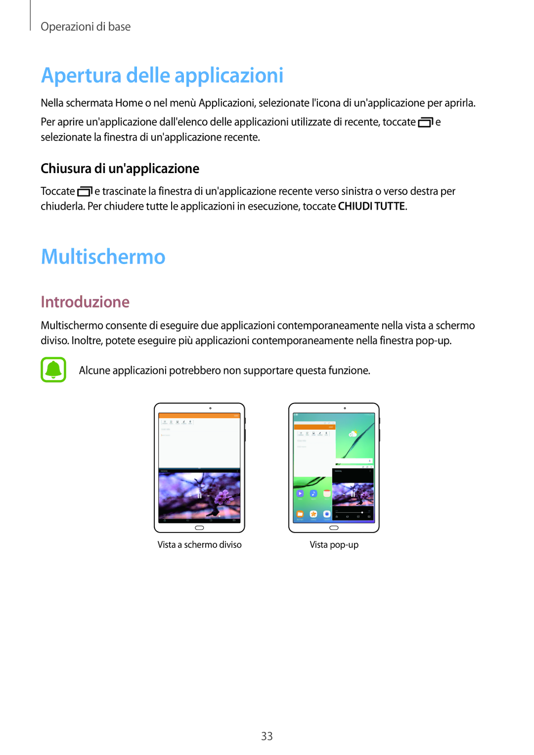 Samsung SM-T810NZDEPHN, SM-T810NZWEPHN Apertura delle applicazioni, Multischermo, Introduzione, Chiusura di unapplicazione 