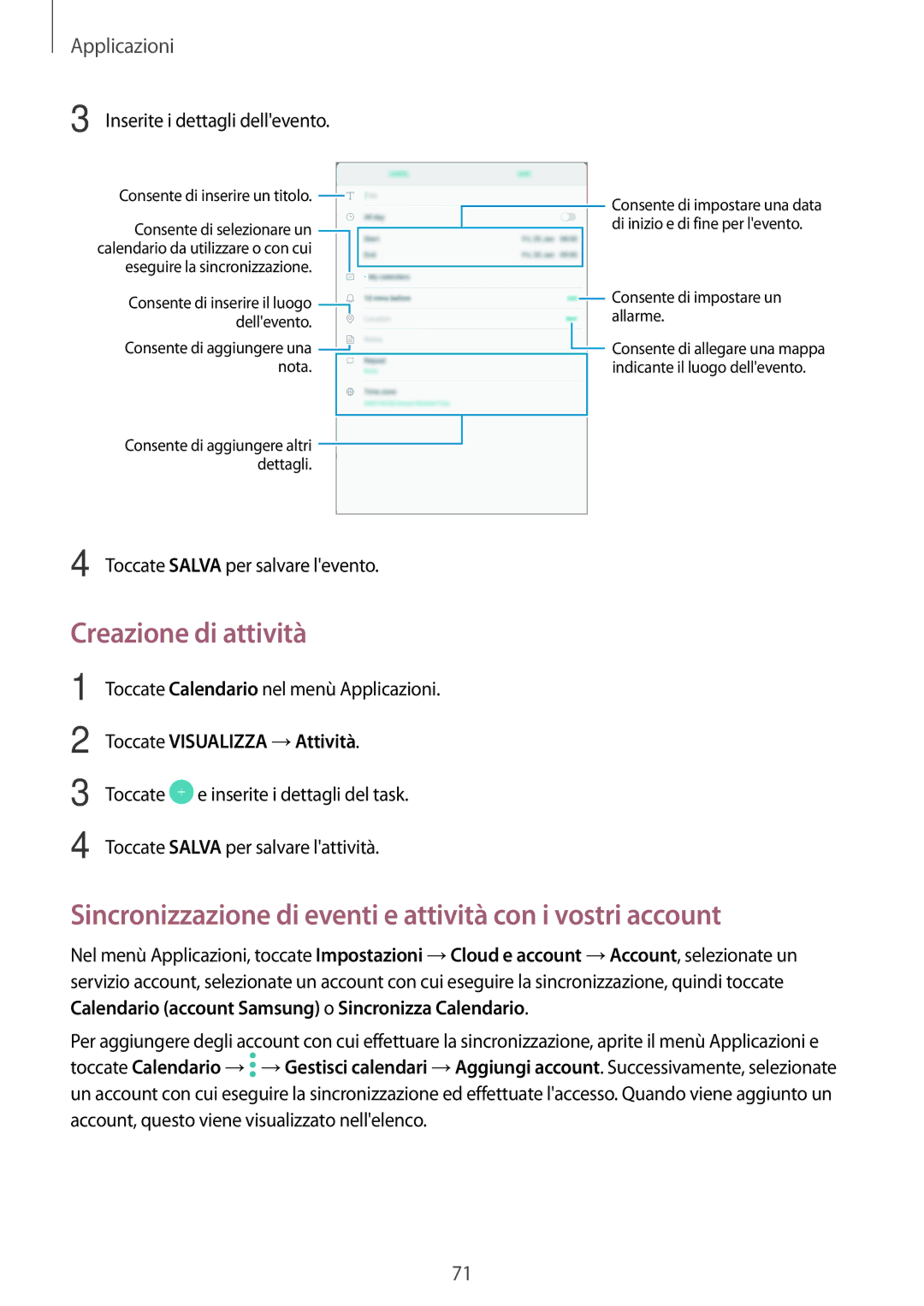 Samsung SM-T810NZKEPHN, SM-T810NZWEPHN Creazione di attività, Sincronizzazione di eventi e attività con i vostri account 