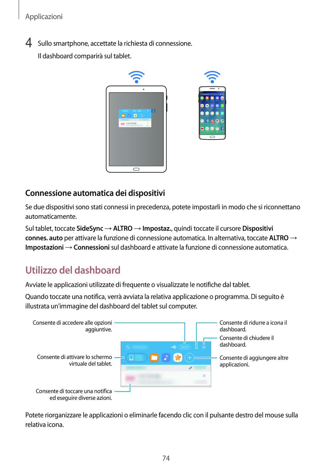 Samsung SM-T810NZDEITV, SM-T810NZWEPHN, SM-T810NZKEPHN manual Utilizzo del dashboard, Connessione automatica dei dispositivi 