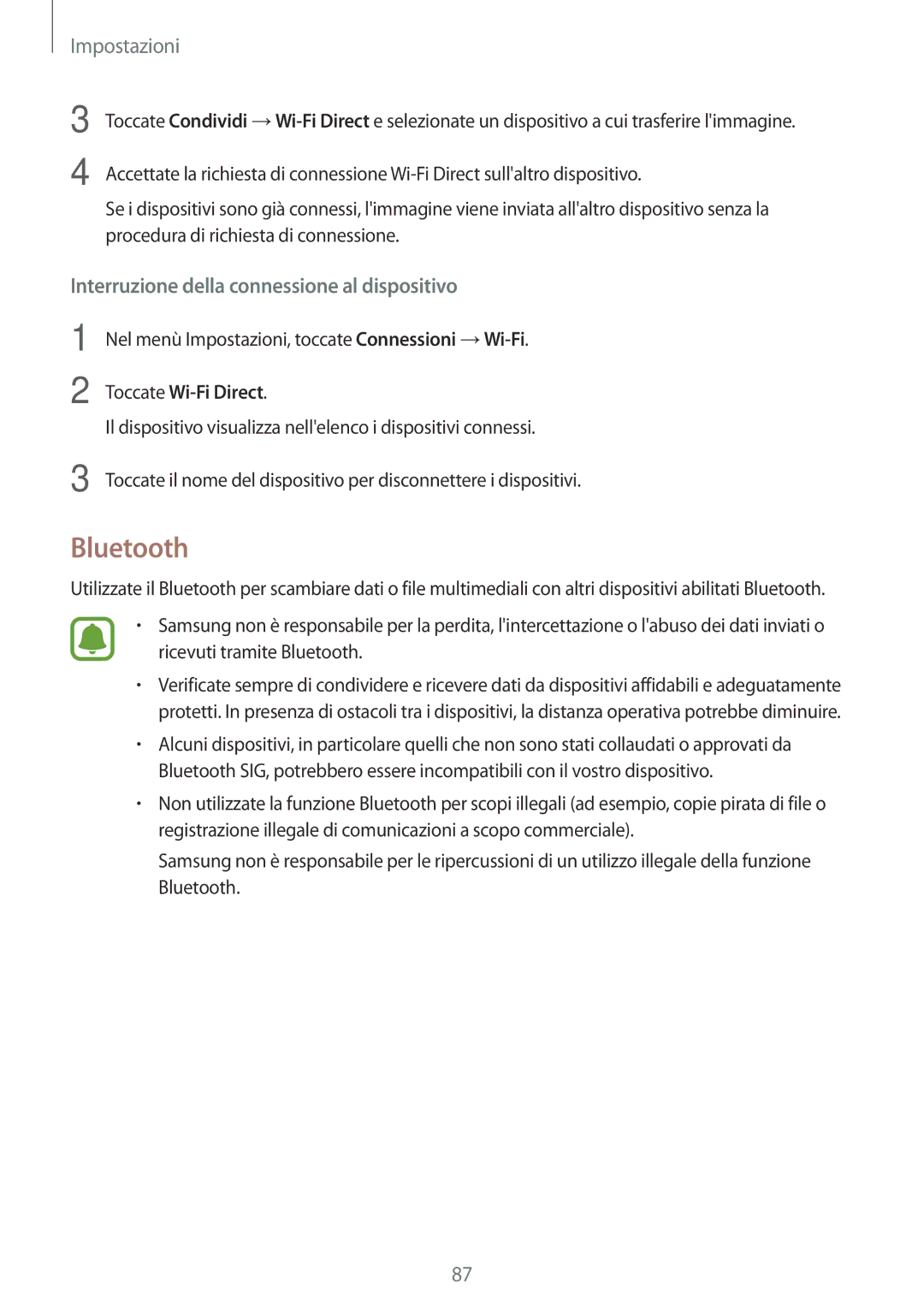 Samsung SM-T810NZKEAUT, SM-T810NZWEPHN, SM-T810NZKEPHN manual Bluetooth, Interruzione della connessione al dispositivo 