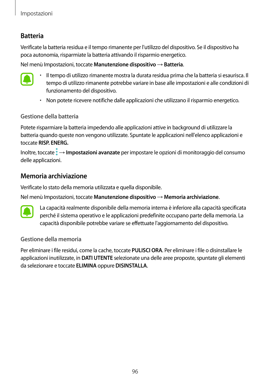 Samsung SM-T810NZKEXEO, SM-T810NZWEPHN, SM-T810NZKEPHN, SM-T810NZDETUR, SM-T810NZDEPHN manual Batteria, Memoria archiviazione 