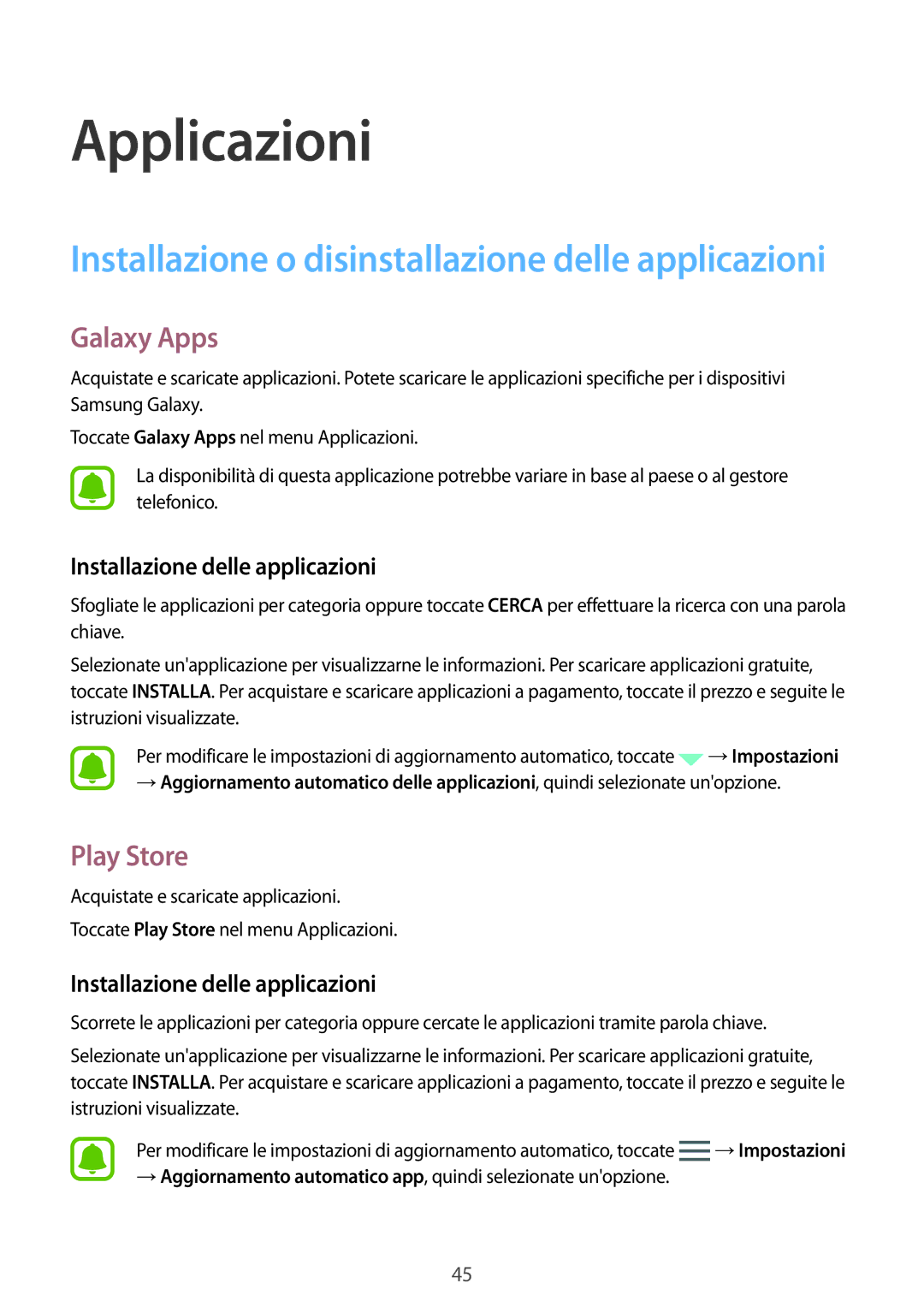 Samsung SM-T810NZWEXEO, SM-T810NZWEPHN, SM-T810NZKEPHN manual Galaxy Apps, Play Store, Installazione delle applicazioni 