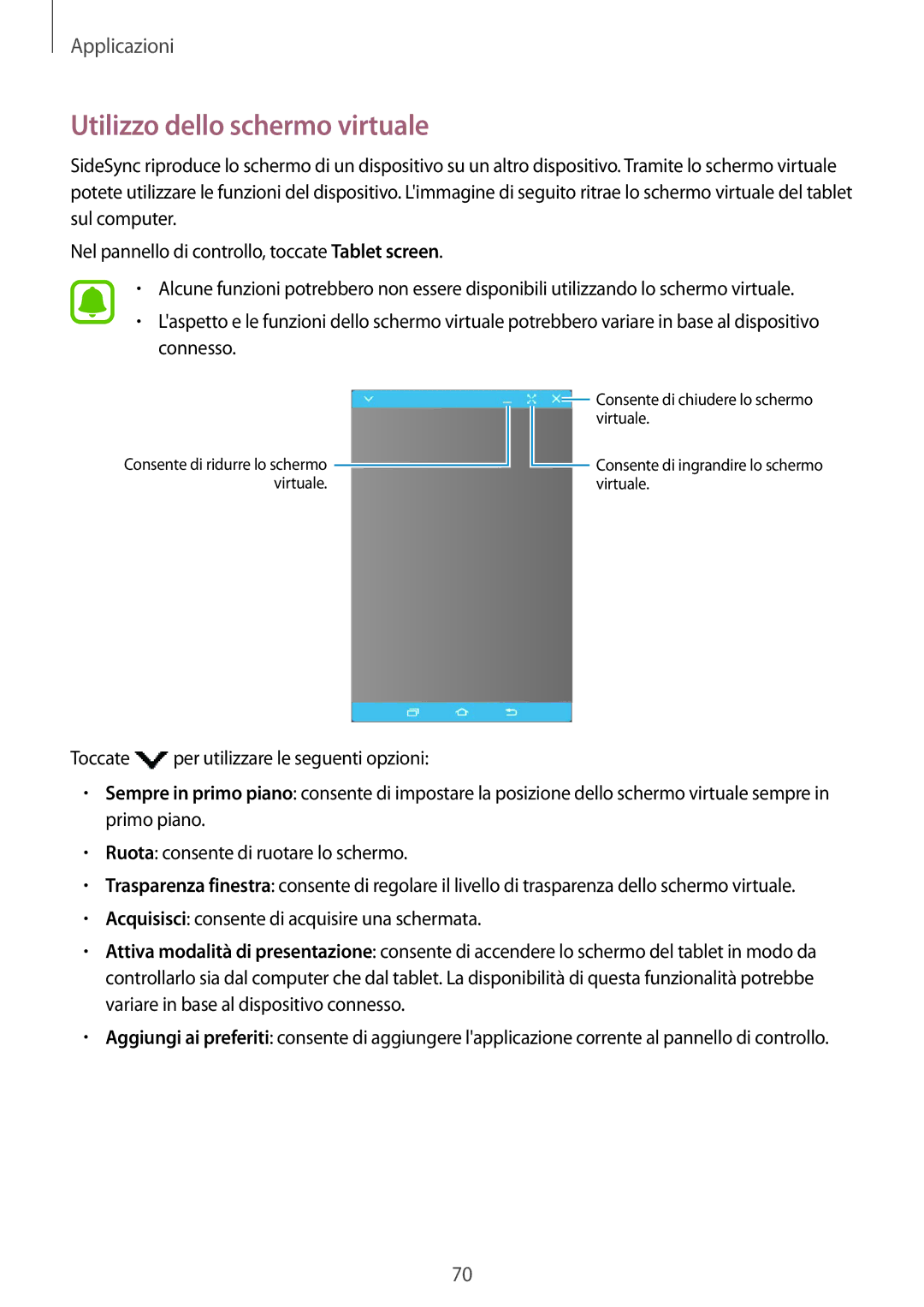 Samsung SM-T810NZWEPHN, SM-T810NZKEPHN, SM-T810NZDETUR, SM-T810NZDEPHN, SM-T810NZDEITV manual Utilizzo dello schermo virtuale 