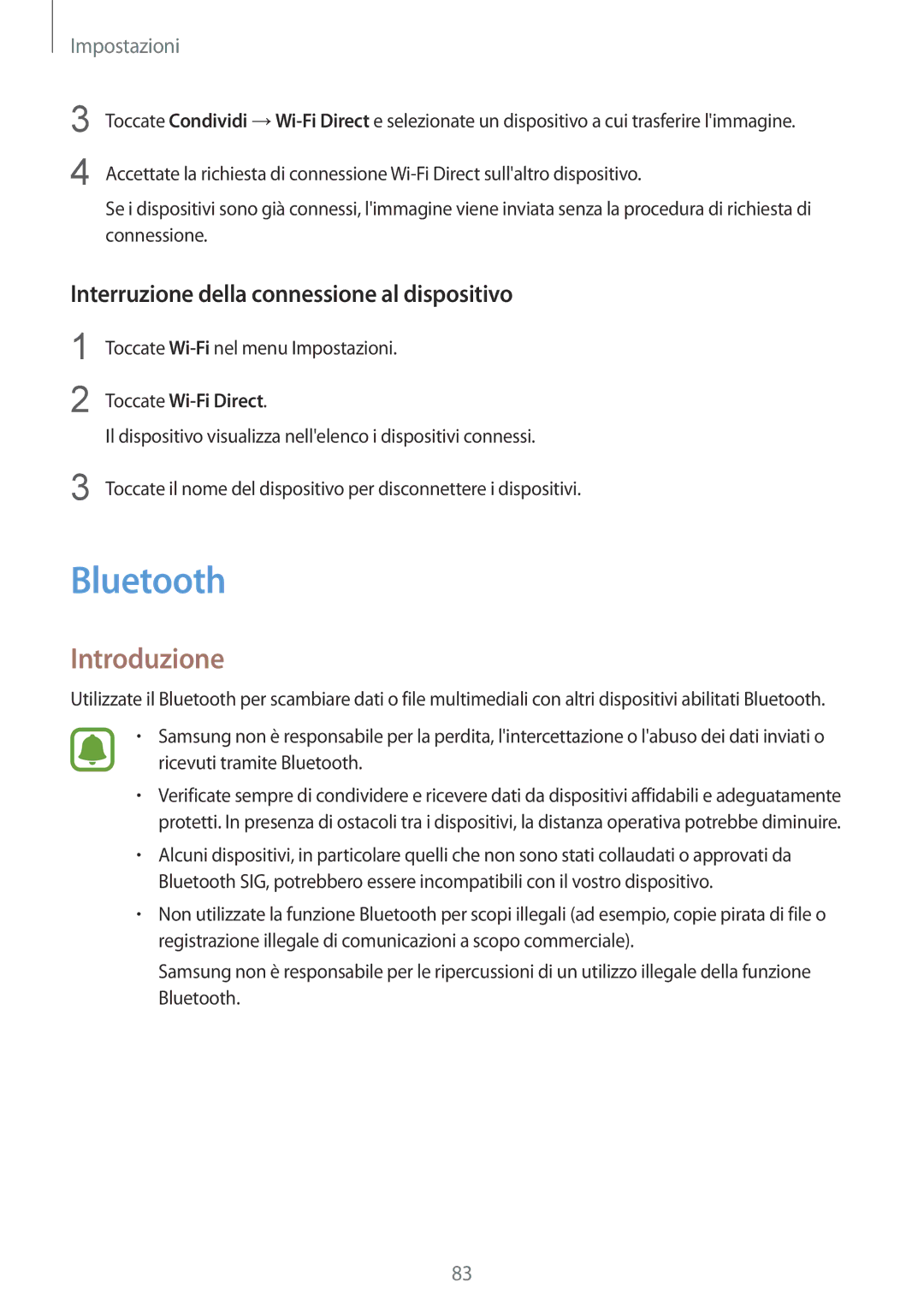 Samsung SM-T810NZDEPHN, SM-T810NZWEPHN, SM-T810NZKEPHN manual Bluetooth, Interruzione della connessione al dispositivo 