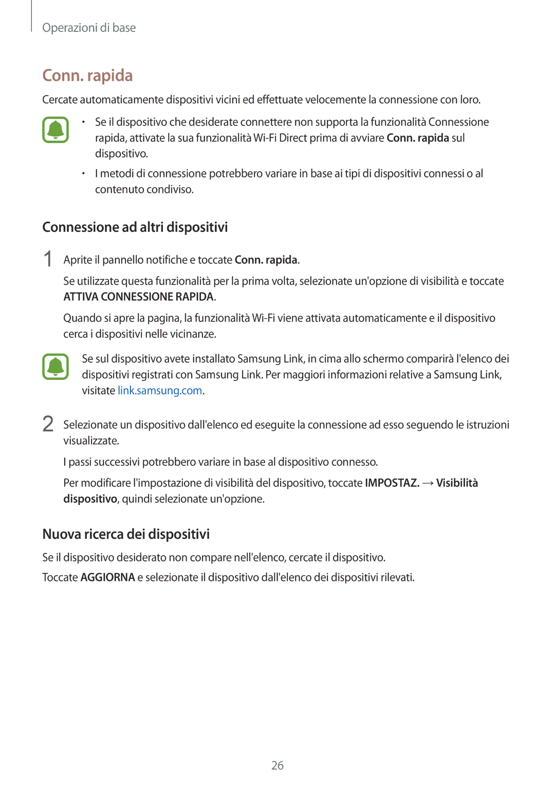 Samsung SM-T810NZKEXEO, SM-T810NZWEPHN manual Conn. rapida, Connessione ad altri dispositivi, Nuova ricerca dei dispositivi 