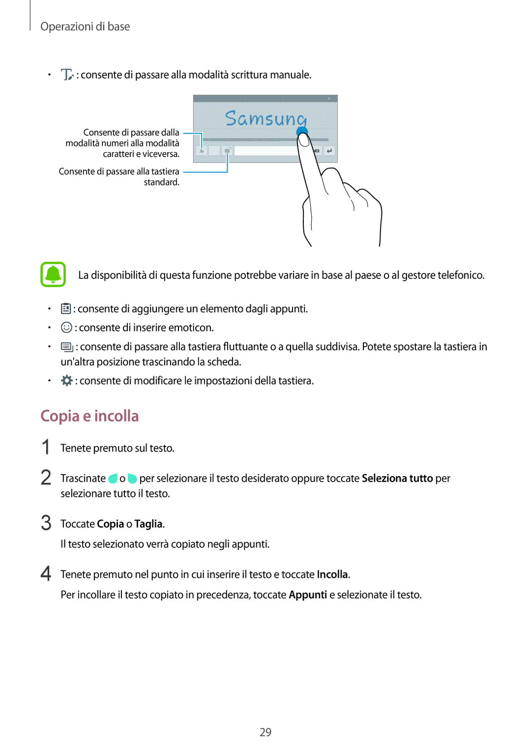 Samsung SM-T810NZKEITV, SM-T810NZWEPHN, SM-T810NZKEPHN, SM-T810NZDETUR manual Copia e incolla, Toccate Copia o Taglia 