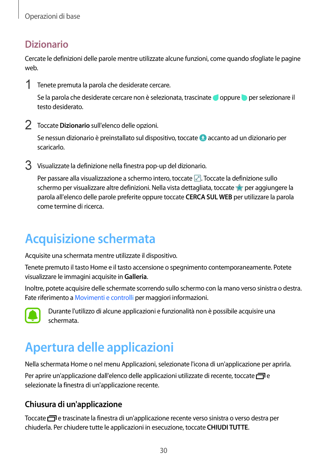 Samsung SM-T810NZWEPHN manual Acquisizione schermata, Apertura delle applicazioni, Dizionario, Chiusura di unapplicazione 