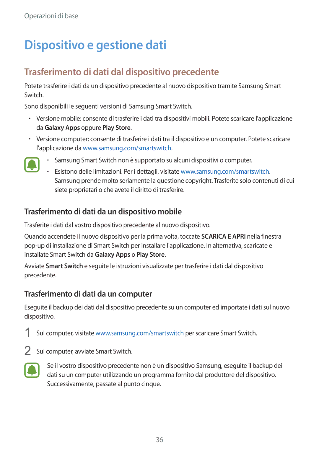 Samsung SM-T810NZKEXEO, SM-T810NZWEPHN manual Dispositivo e gestione dati, Trasferimento di dati dal dispositivo precedente 