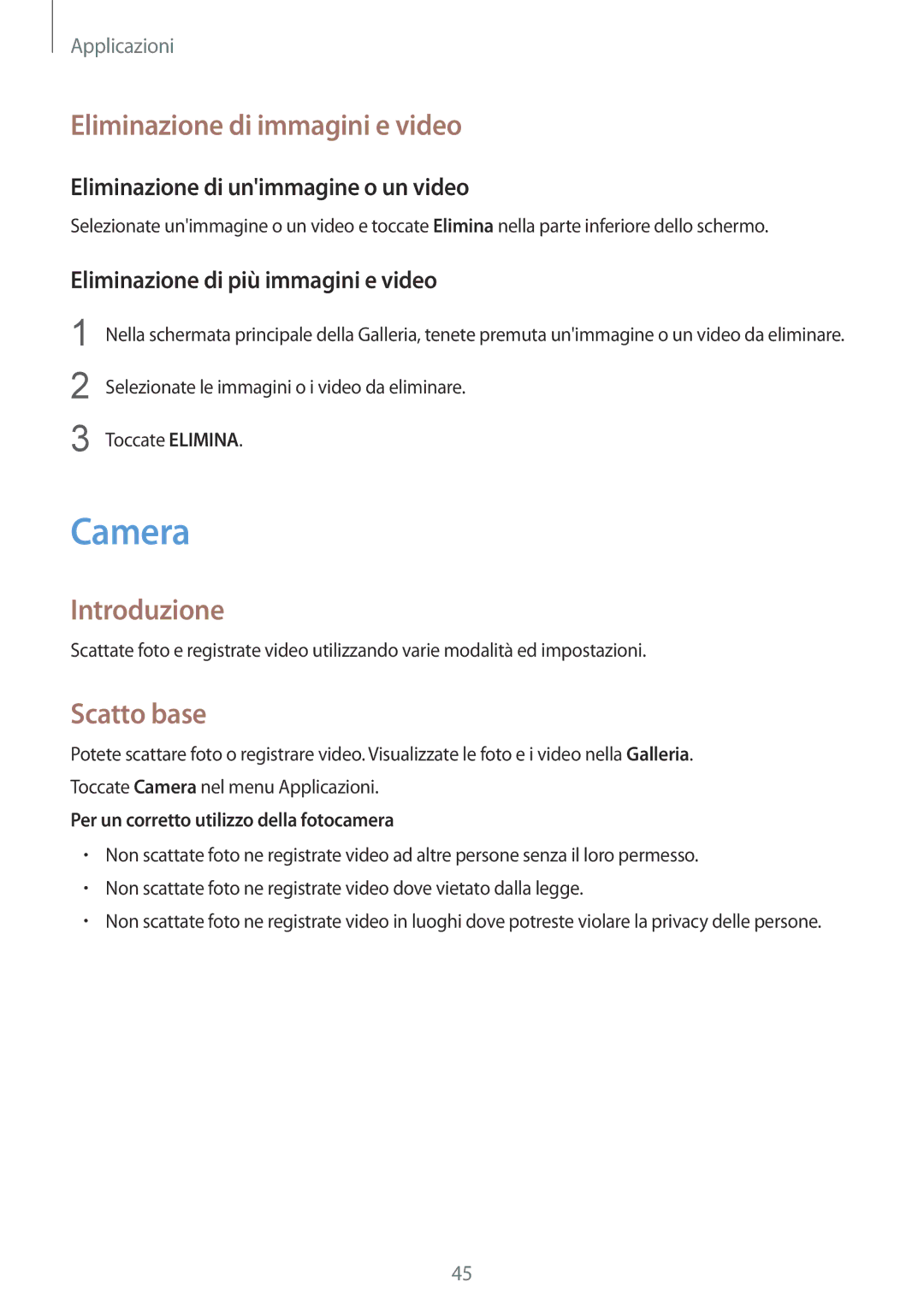 Samsung SM-T810NZWEXEO manual Camera, Eliminazione di immagini e video, Scatto base, Eliminazione di unimmagine o un video 