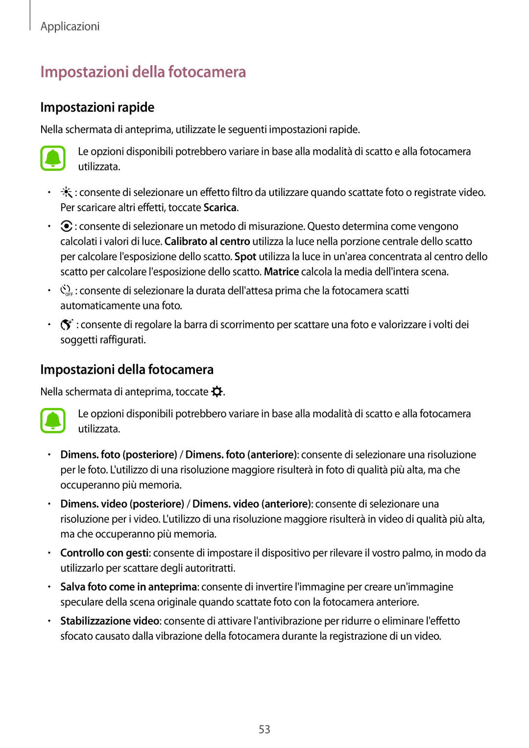 Samsung SM-T810NZDEPHN, SM-T810NZWEPHN, SM-T810NZKEPHN, SM-T810NZDETUR Impostazioni della fotocamera, Impostazioni rapide 