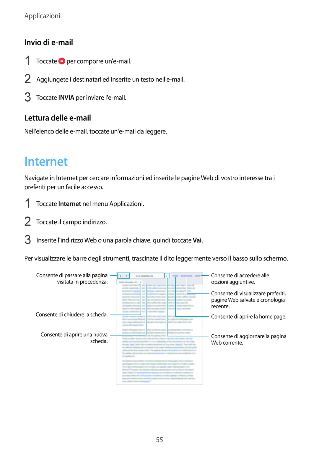 Samsung SM-T810NZWEXEO, SM-T810NZWEPHN, SM-T810NZKEPHN, SM-T810NZDETUR manual Internet, Invio di e-mail, Lettura delle e-mail 