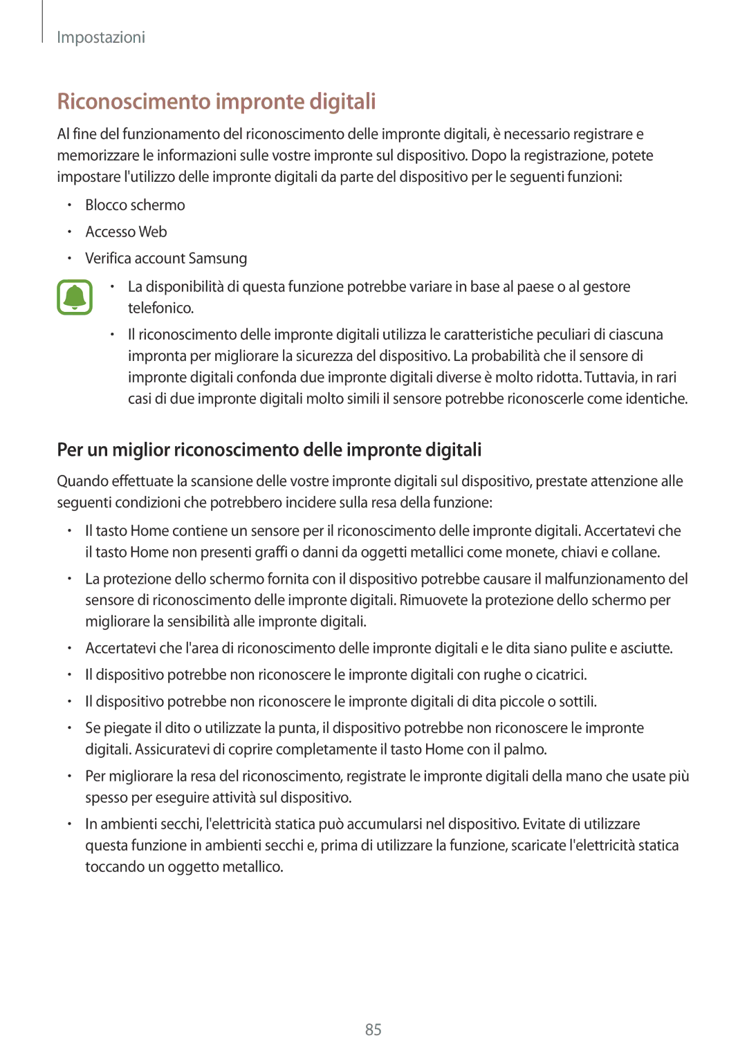 Samsung SM-T810NZWEXEO manual Riconoscimento impronte digitali, Per un miglior riconoscimento delle impronte digitali 