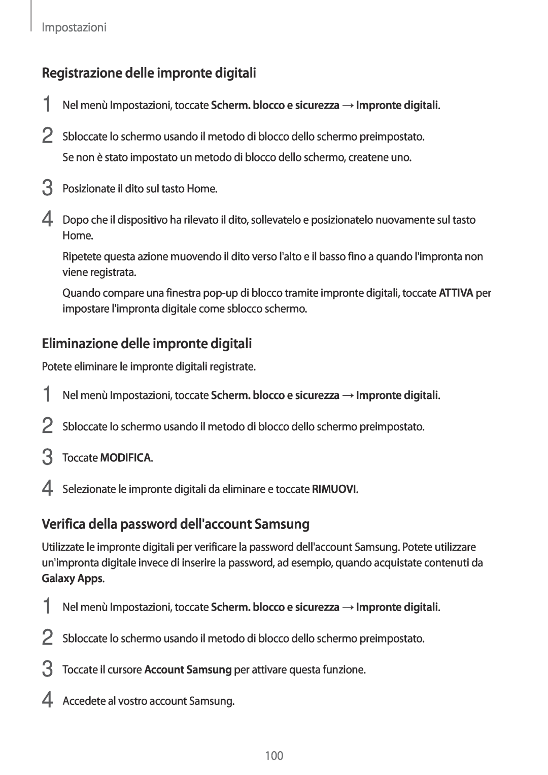 Samsung SM-T810NZWEPHN manual Registrazione delle impronte digitali, Eliminazione delle impronte digitali, Impostazioni 