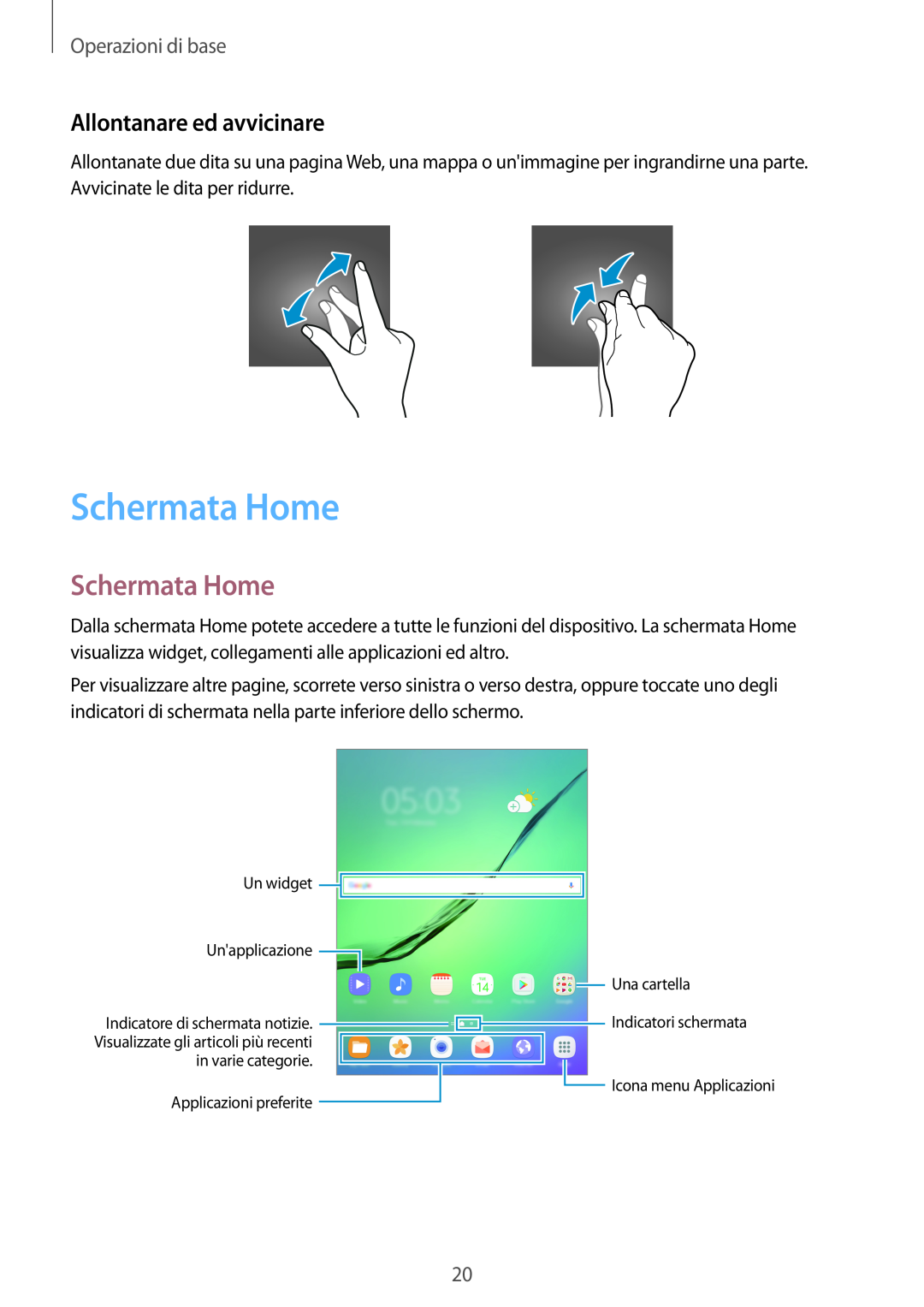 Samsung SM-T810NZWEPHN, SM-T810NZKEPHN, SM-T810NZDETUR manual Schermata Home, Allontanare ed avvicinare, Operazioni di base 