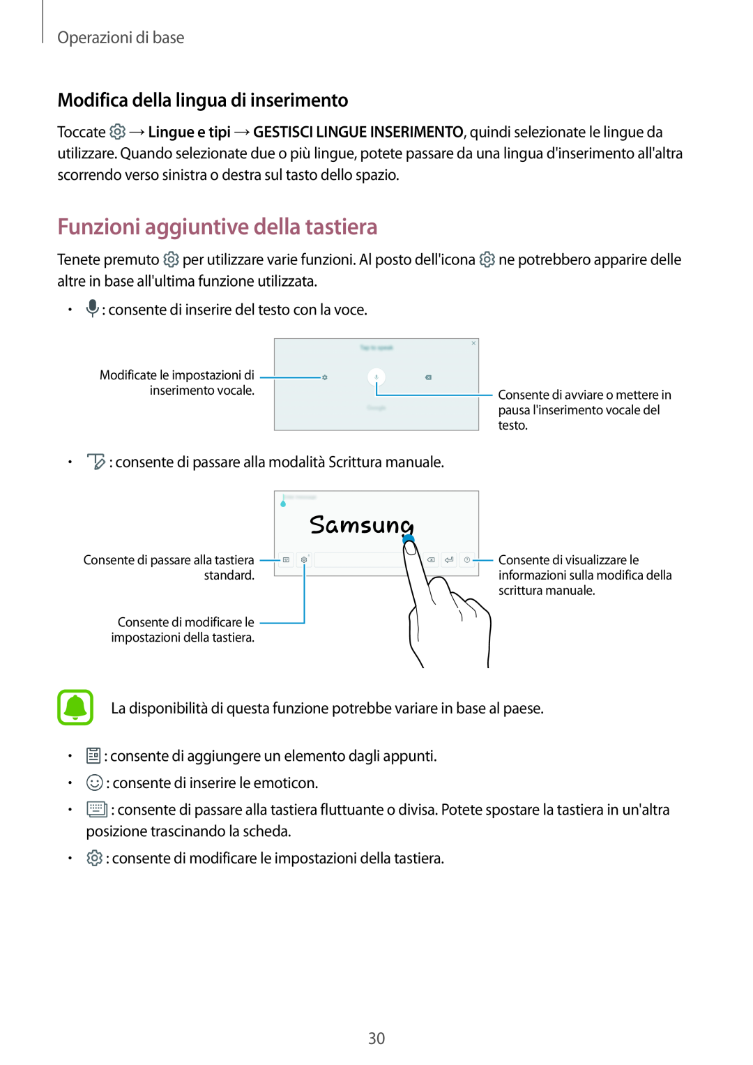 Samsung SM-T810NZWEPHN manual Funzioni aggiuntive della tastiera, Modifica della lingua di inserimento, Operazioni di base 