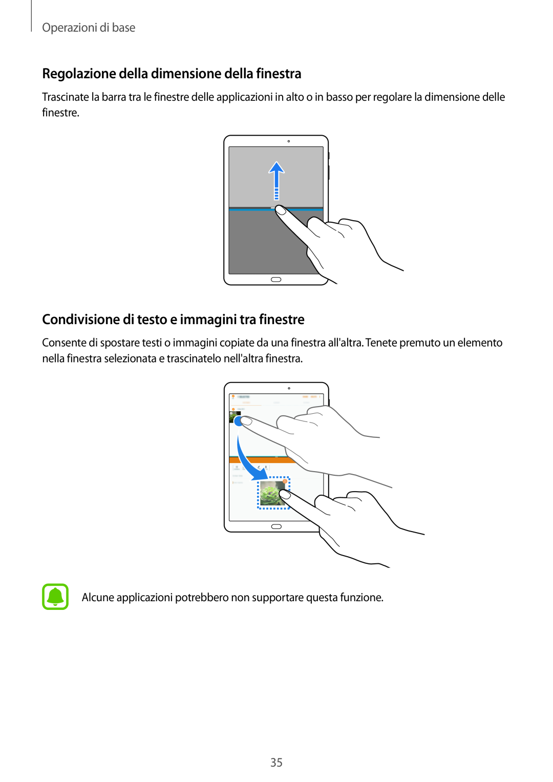 Samsung SM-T810NZWEXEO manual Regolazione della dimensione della finestra, Condivisione di testo e immagini tra finestre 