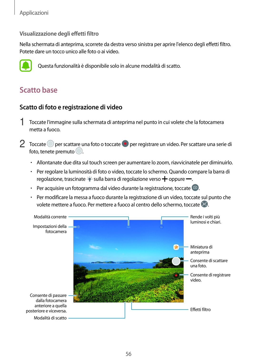 Samsung SM-T810NZKEXEO manual Scatto base, Scatto di foto e registrazione di video, Visualizzazione degli effetti filtro 