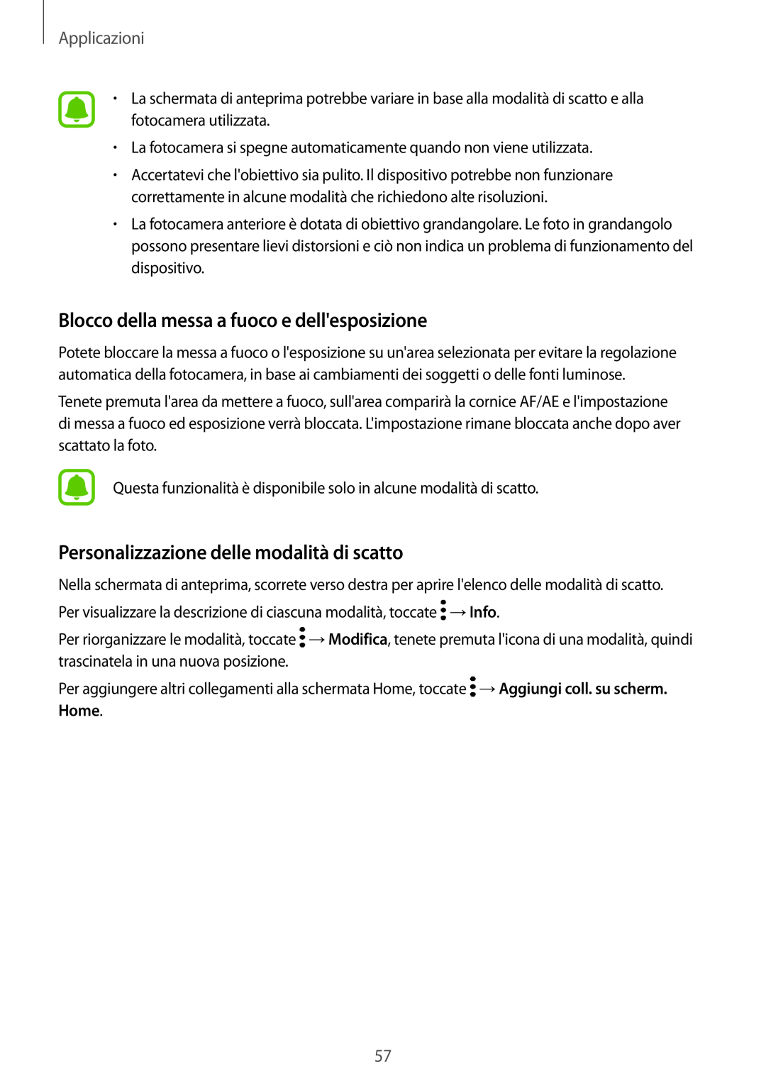 Samsung SM-T810NZKEAUT manual Blocco della messa a fuoco e dellesposizione, Personalizzazione delle modalità di scatto 